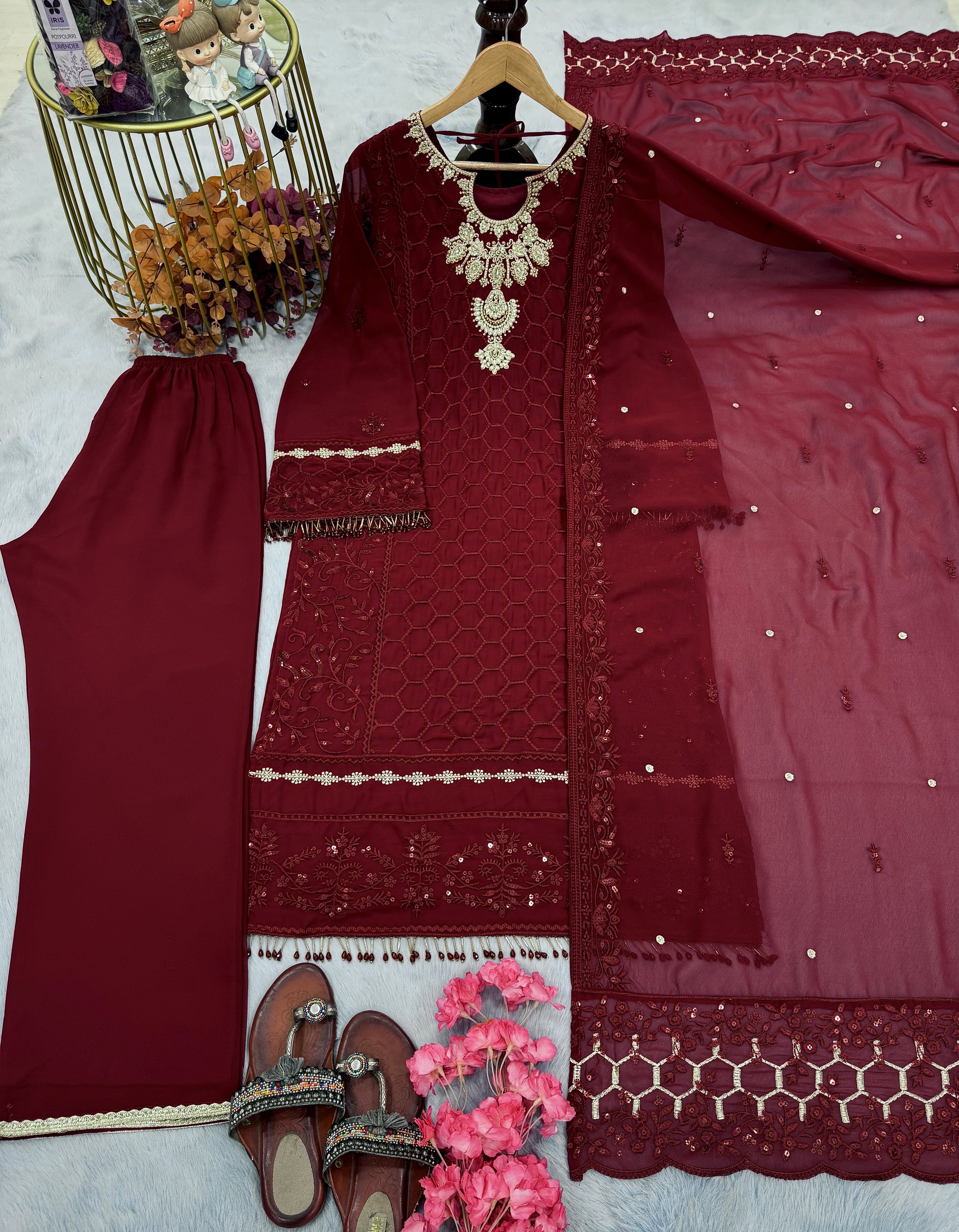 Designer Party Wear Look Pure Heavy Faux Georgette Top Plazzo &amp; Dupatta Set
