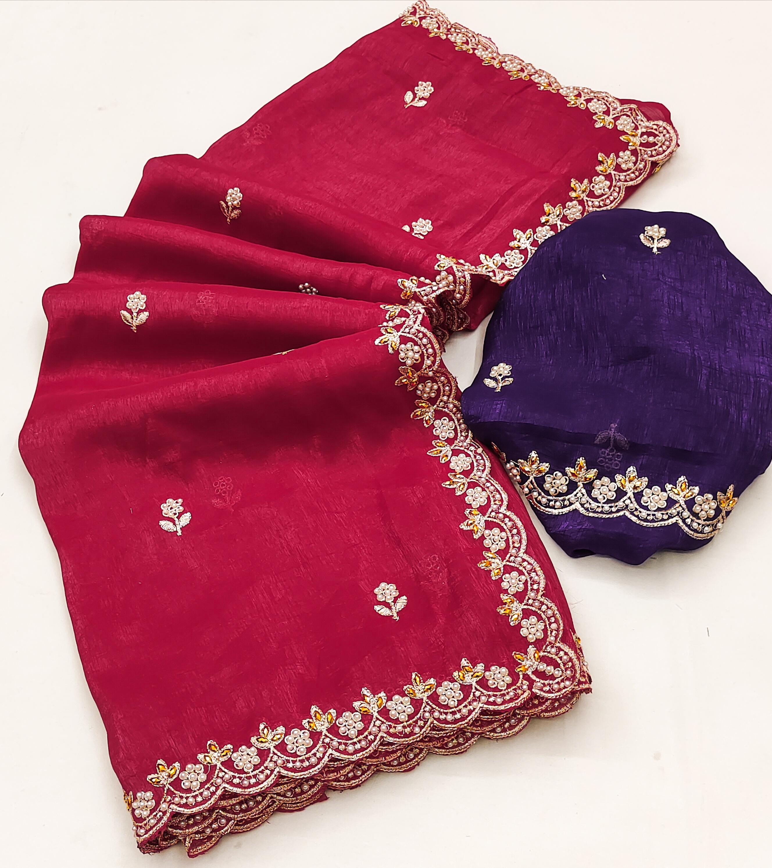 Designer Saree With Embroidery Work & Moti Pearls Hand Work