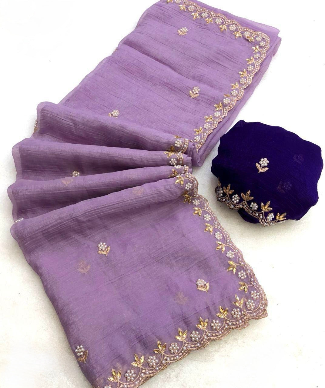 Designer Saree With Embroidery Work & Moti Pearls Hand Work