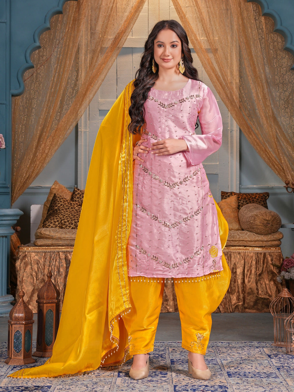 Beautiful Party Wear Top Dhoti And Dupatta With Moti Work