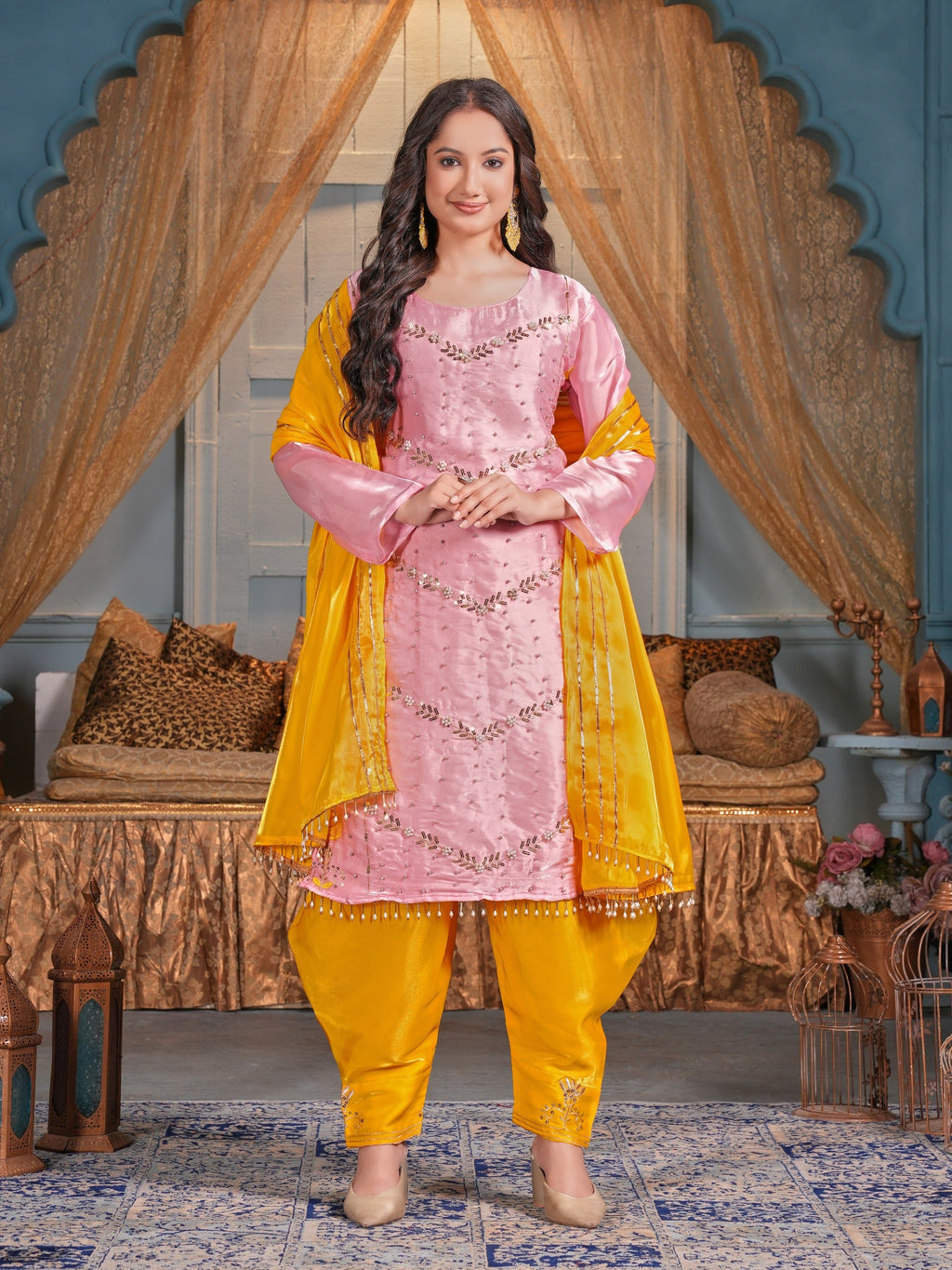 Beautiful Party Wear Top Dhoti And Dupatta With Moti Work