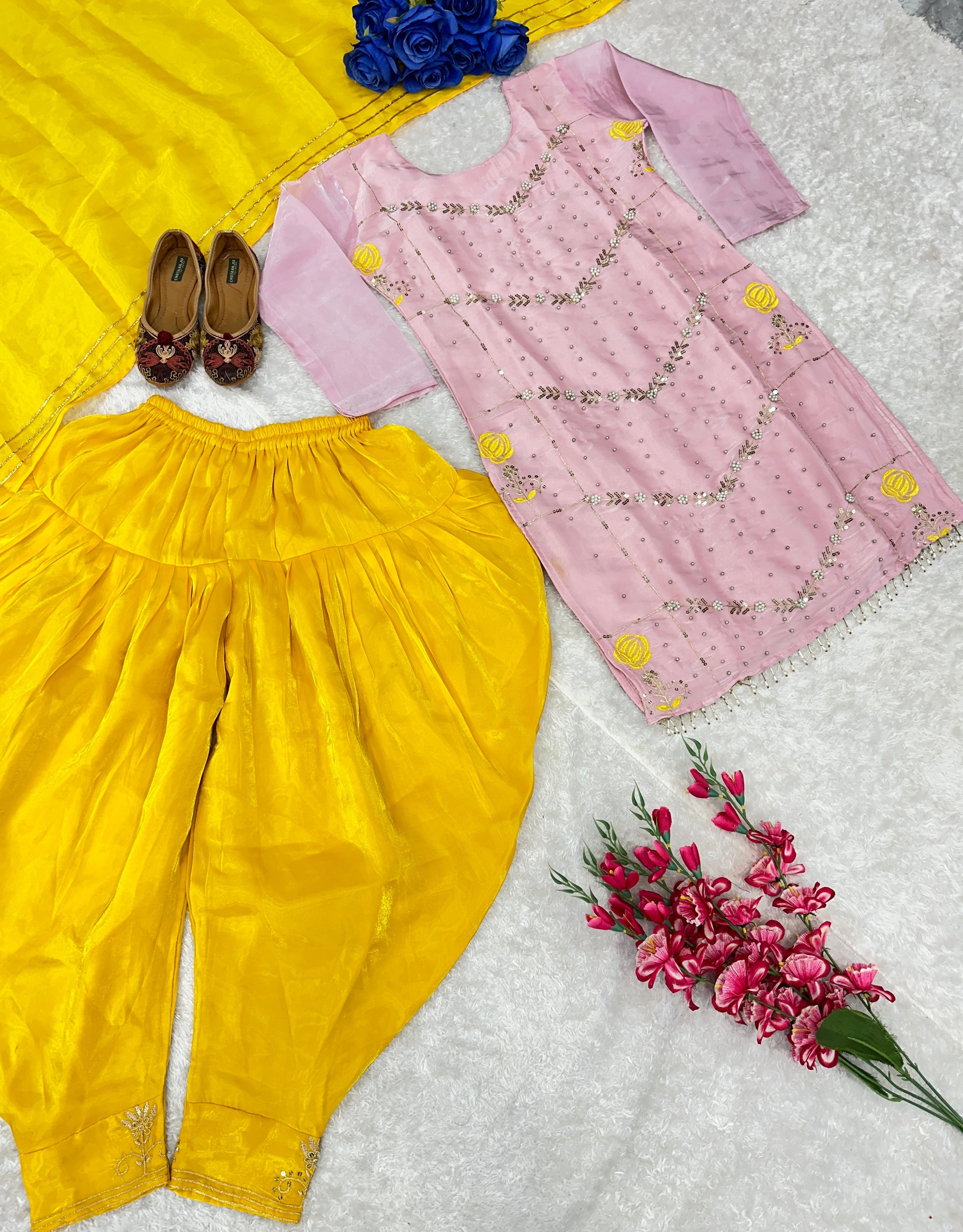 Beautiful Party Wear Top Dhoti And Dupatta With Moti Work