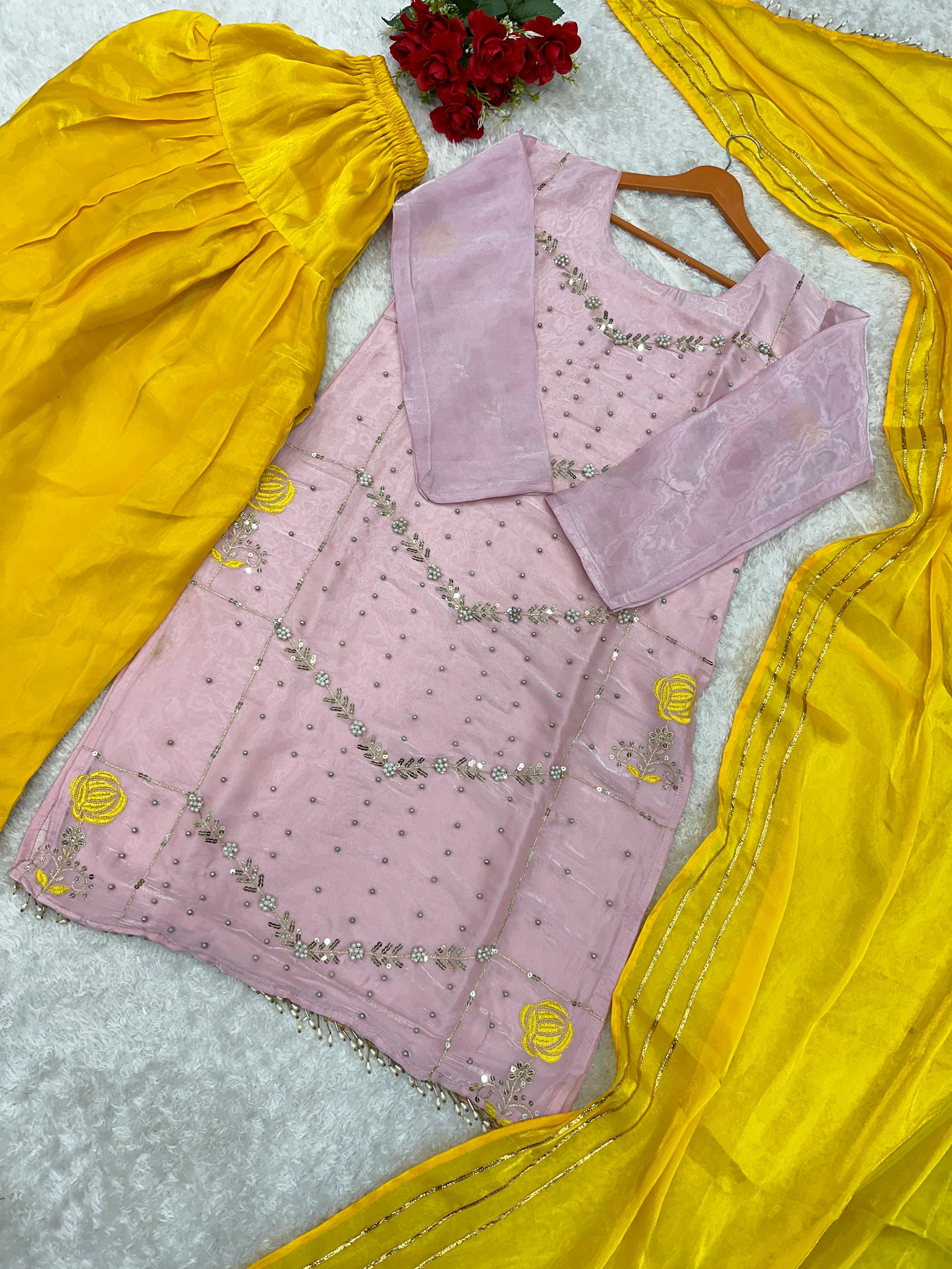 Beautiful Party Wear Top Dhoti And Dupatta With Moti Work