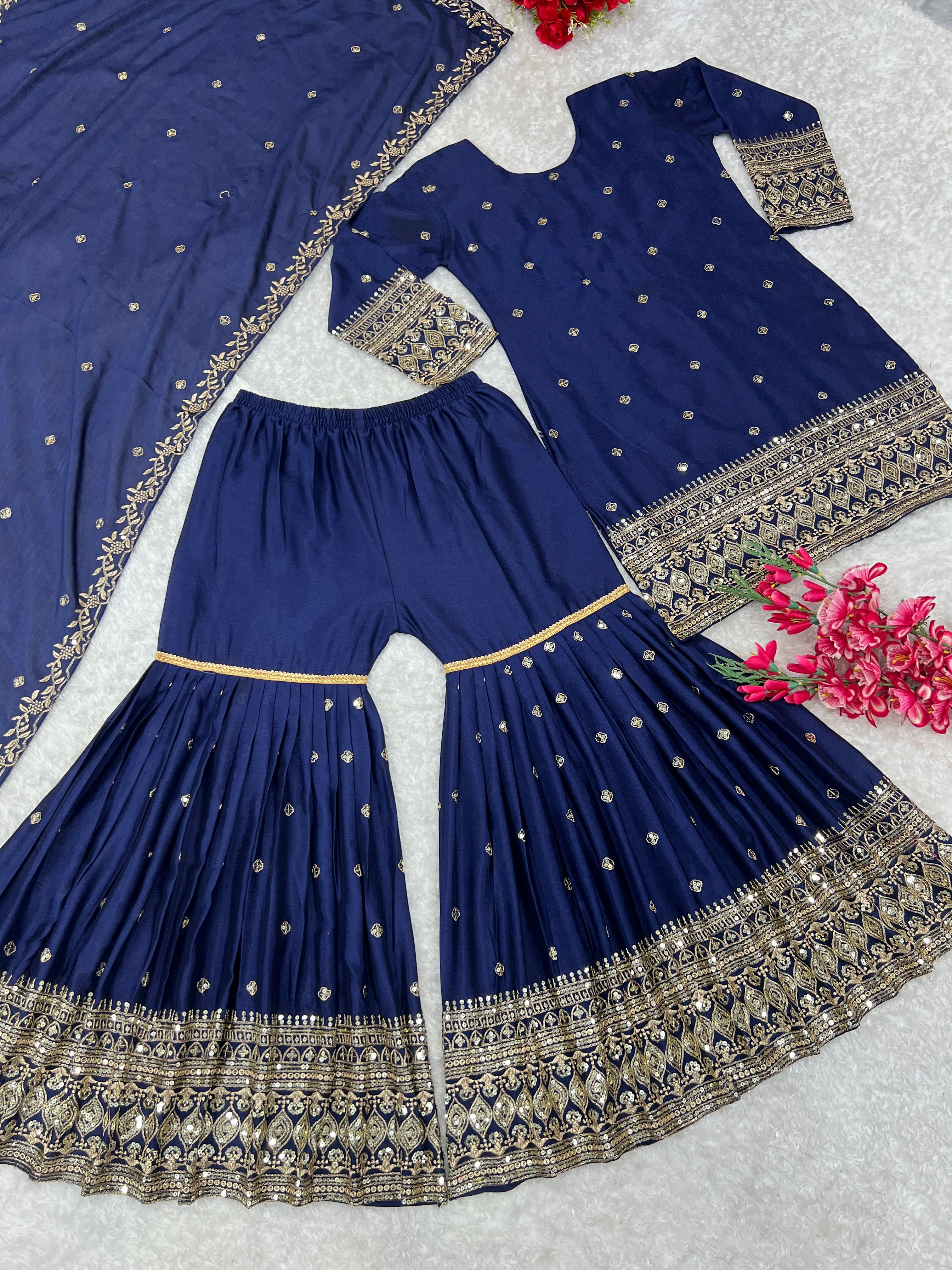 डिज़ाइनर पार्टी वियर टॉप बॉटम और प्लाज़ो