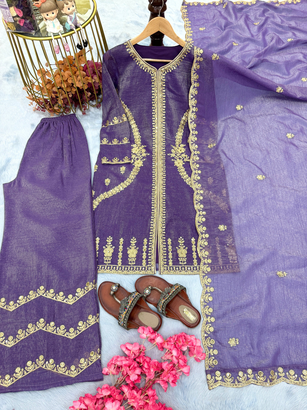 डिज़ाइनर पार्टी वियर लुक टॉप प्लाज़ो और दुपट्टा सेट