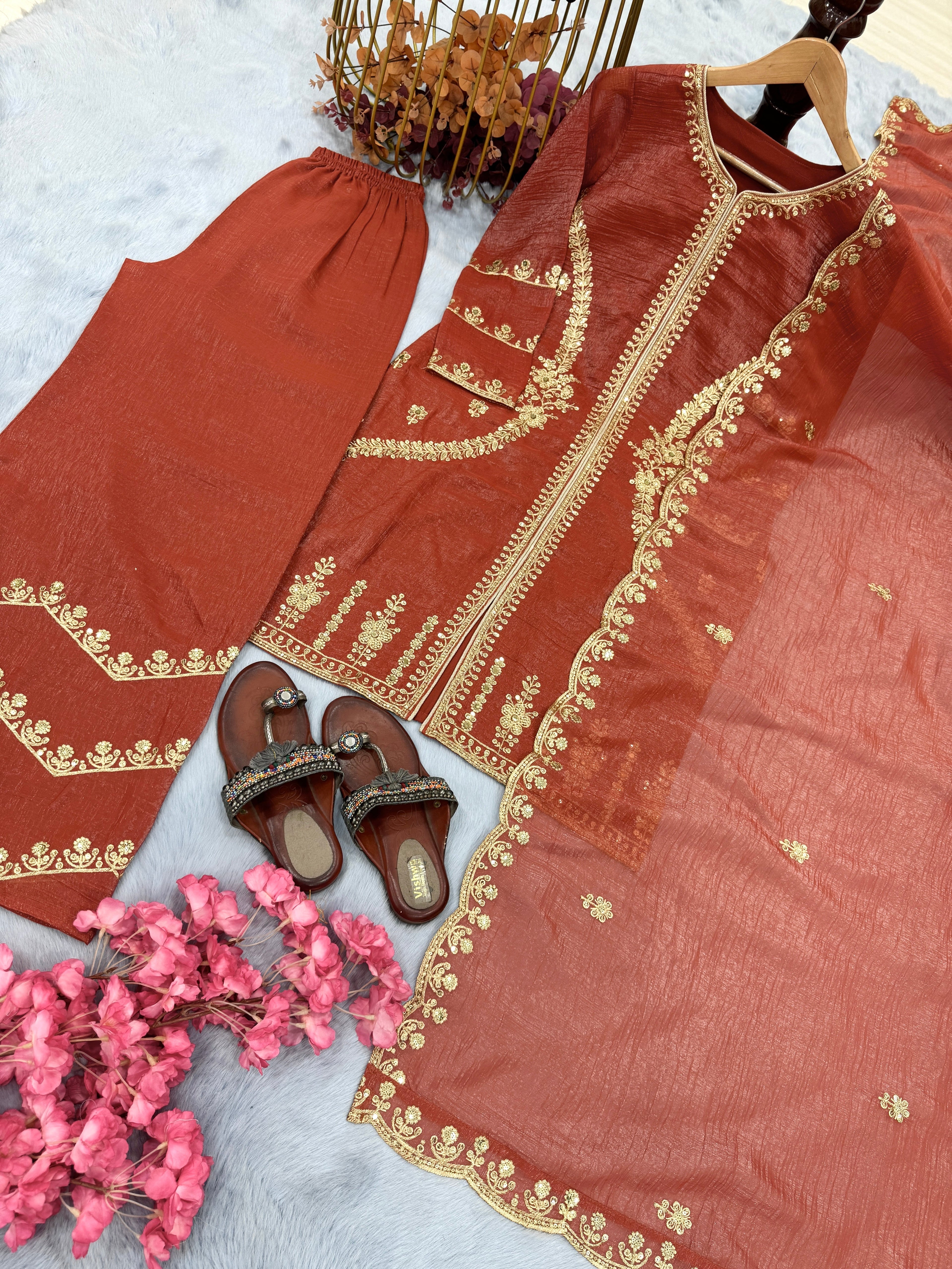 डिज़ाइनर पार्टी वियर लुक टॉप प्लाज़ो और दुपट्टा सेट