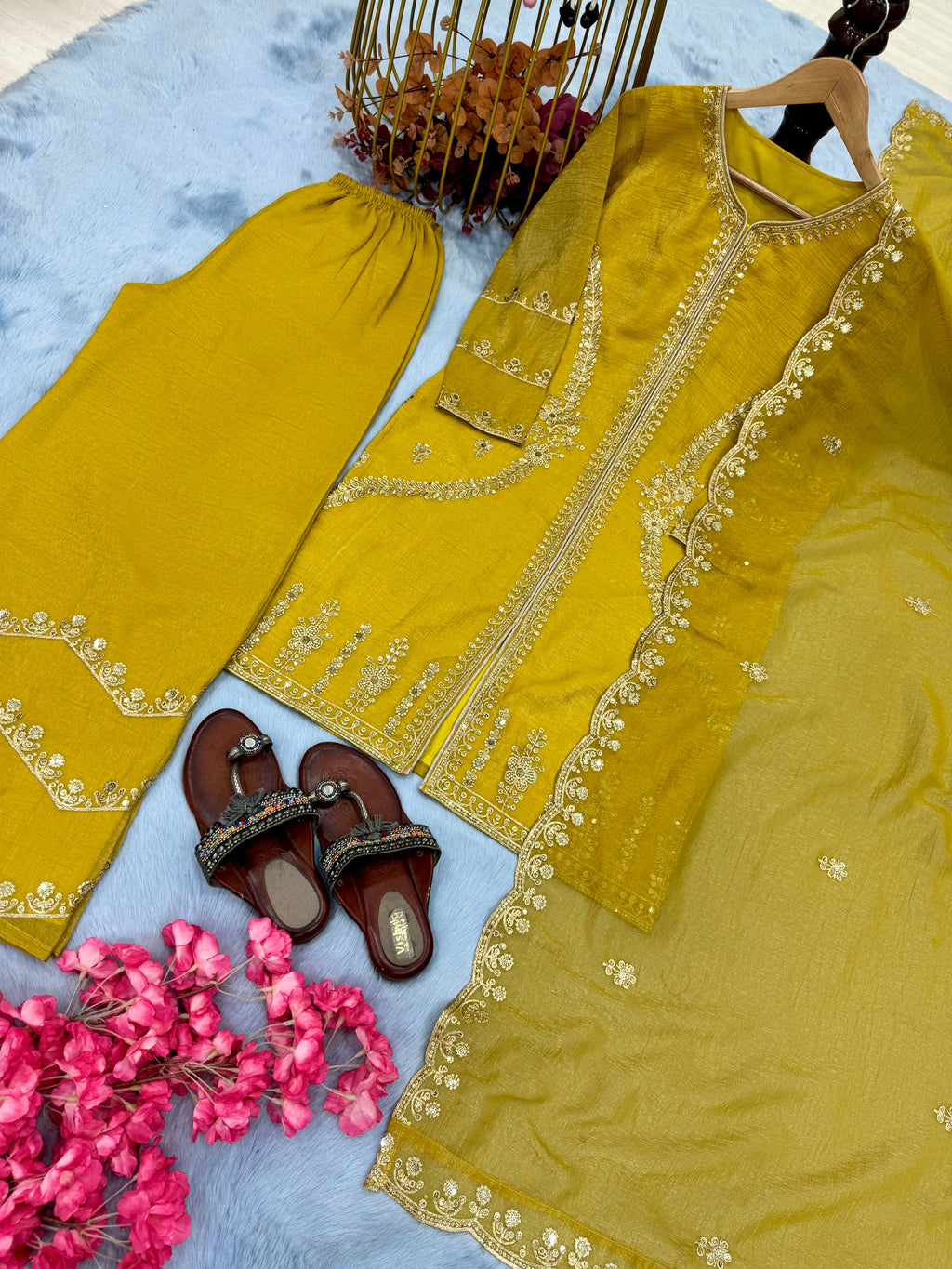 डिज़ाइनर पार्टी वियर लुक टॉप प्लाज़ो और दुपट्टा सेट