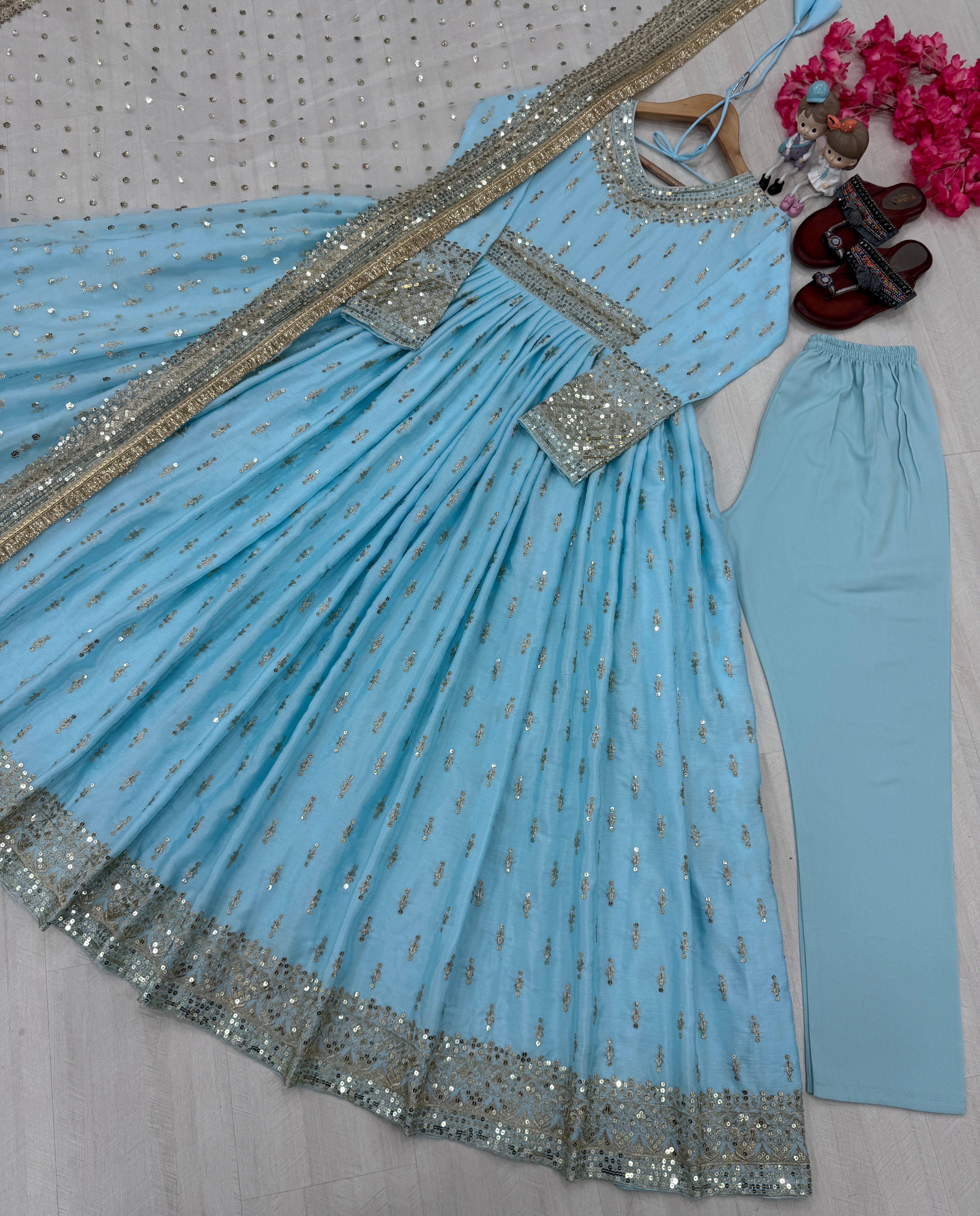 Party Wear Look  Gown, Dupatta & Bottom With Embroidery Work