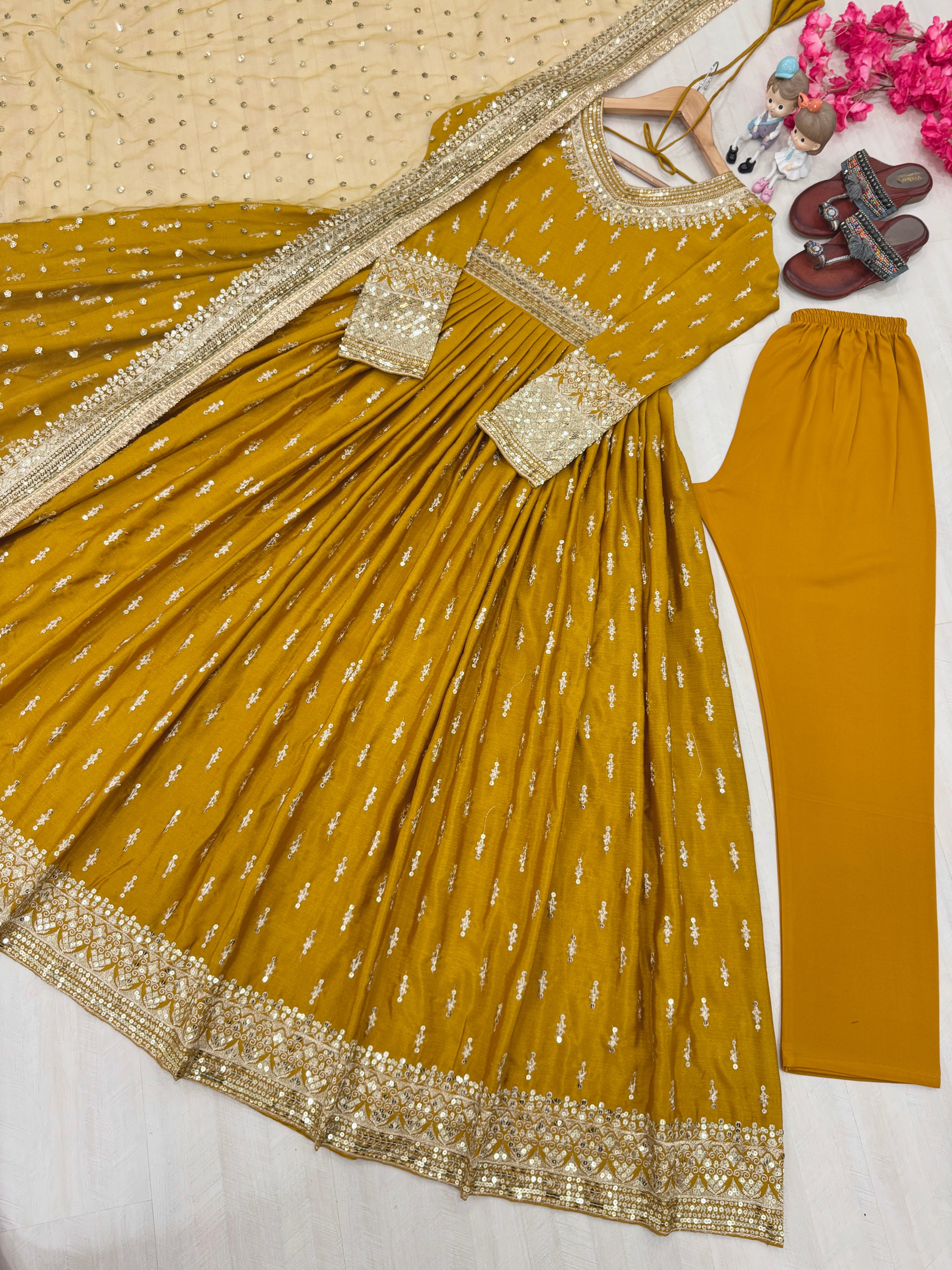 Party Wear Look  Gown, Dupatta & Bottom With Embroidery Work