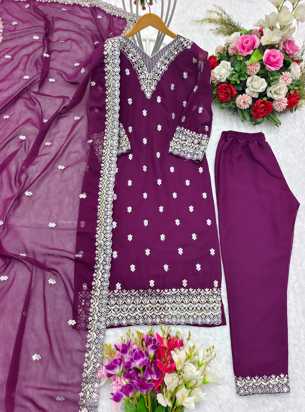 डिज़ाइनर पार्टी वियर टॉप-प्लाज़ो विद दुपट्टा सेट