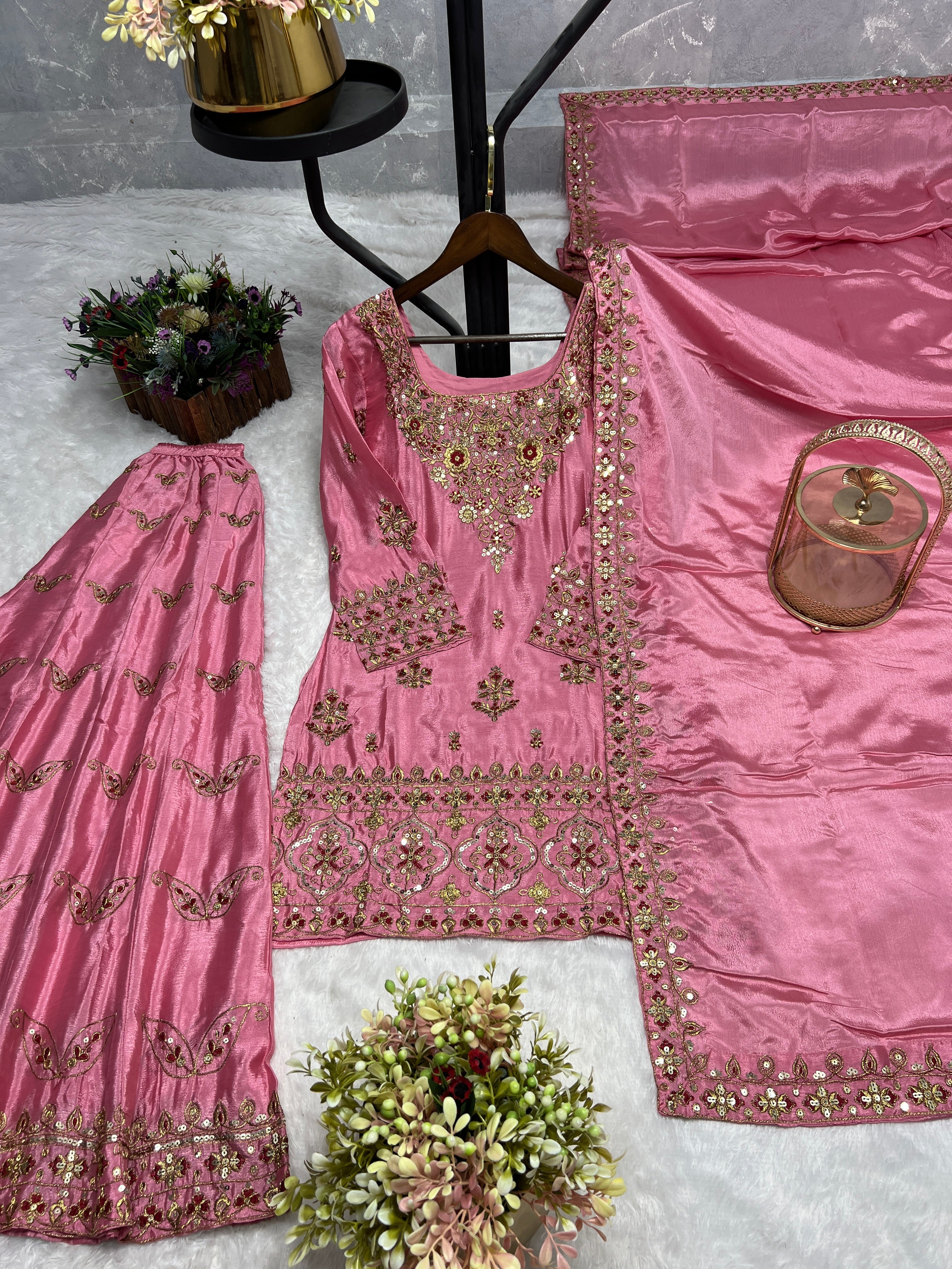 Beautiful Top-Plazzo And Dupatta With Embroidery Sequence Work