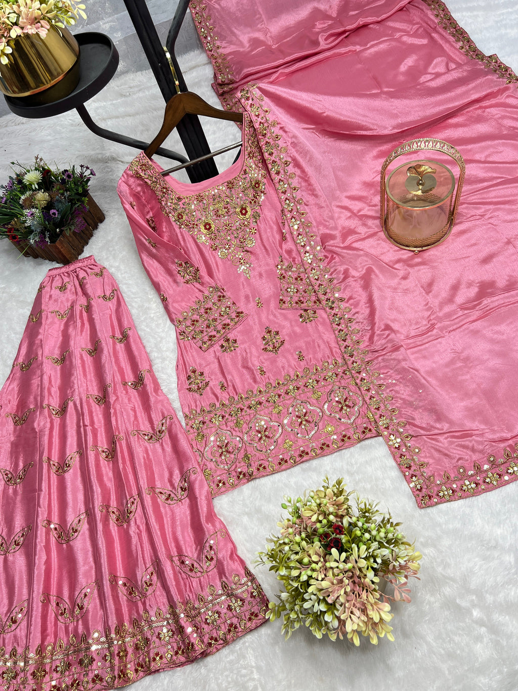 Beautiful Top-Plazzo And Dupatta With Embroidery Sequence Work