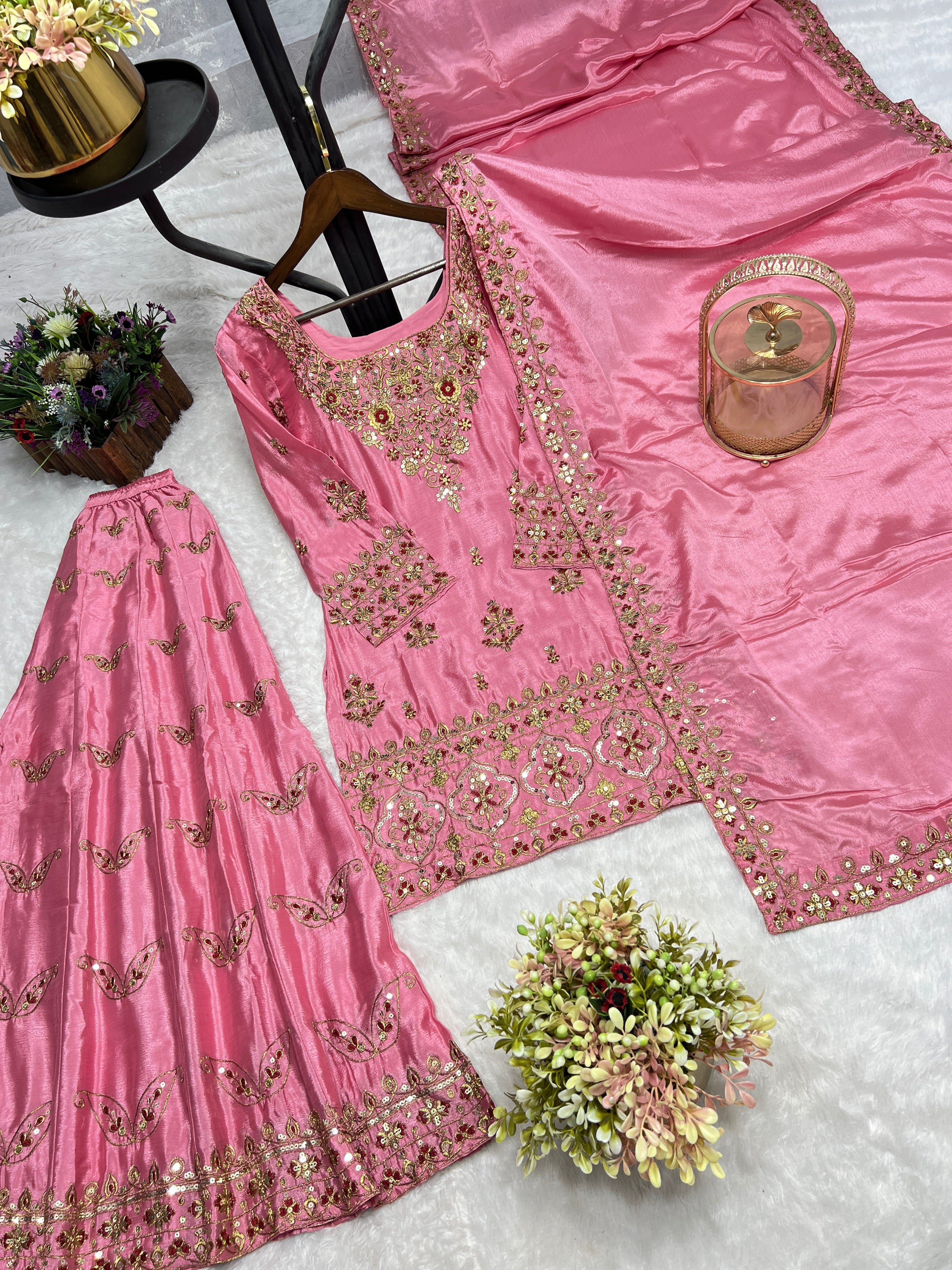 Beautiful Top-Plazzo And Dupatta With Embroidery Sequence Work