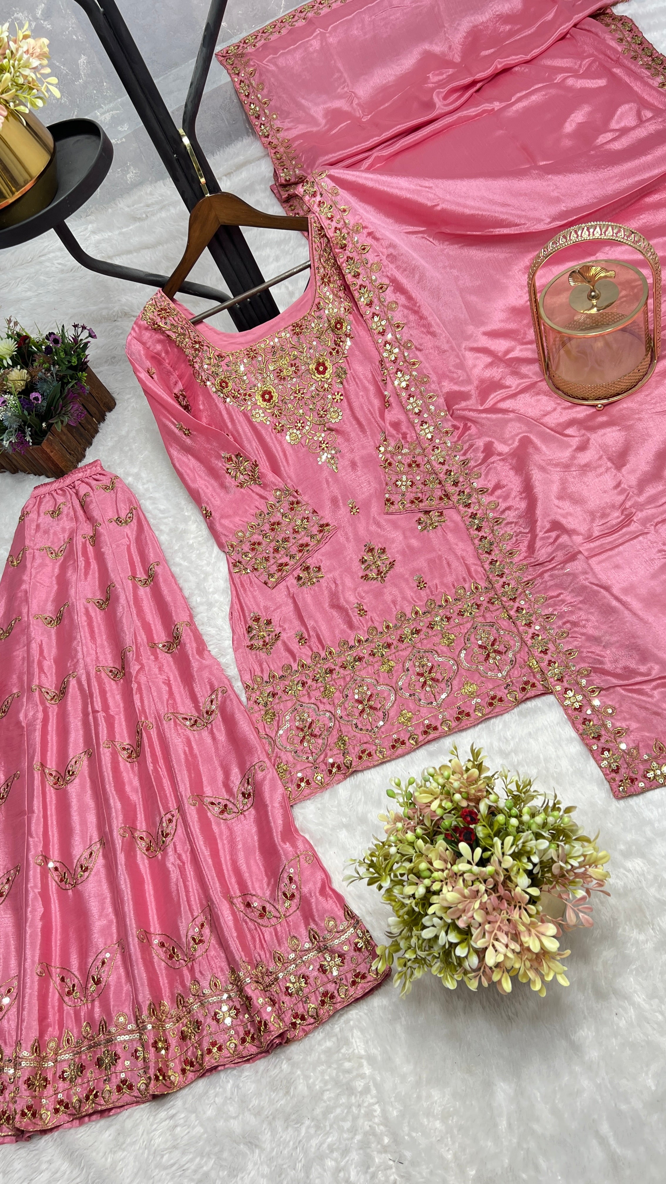 Beautiful Top-Plazzo And Dupatta With Embroidery Sequence Work