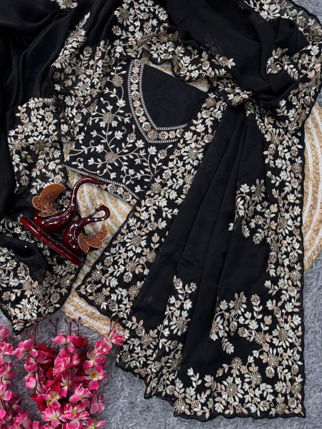 Beautiful Party Wear Saree With Sequence And Zari Embroidery Work