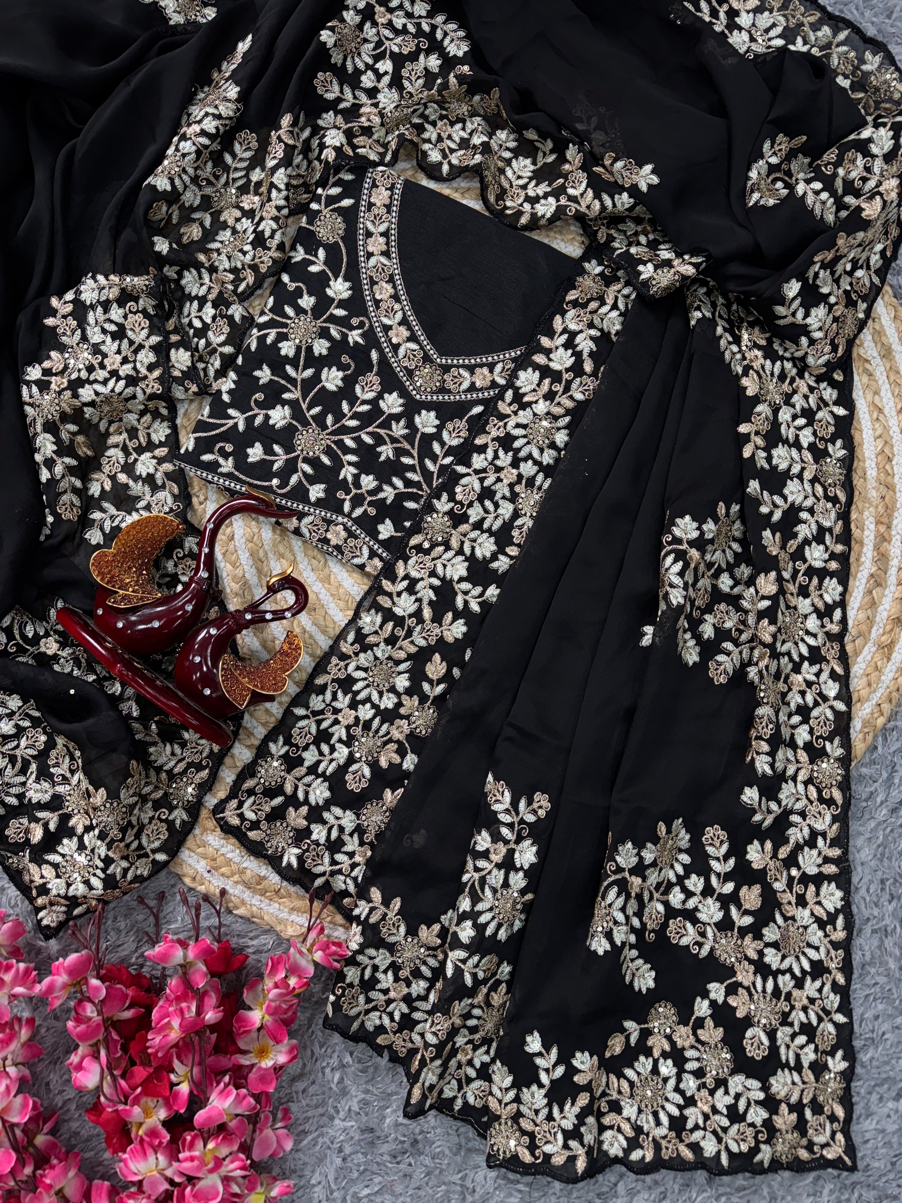 Beautiful Party Wear Saree With Sequence And Zari Embroidery Work