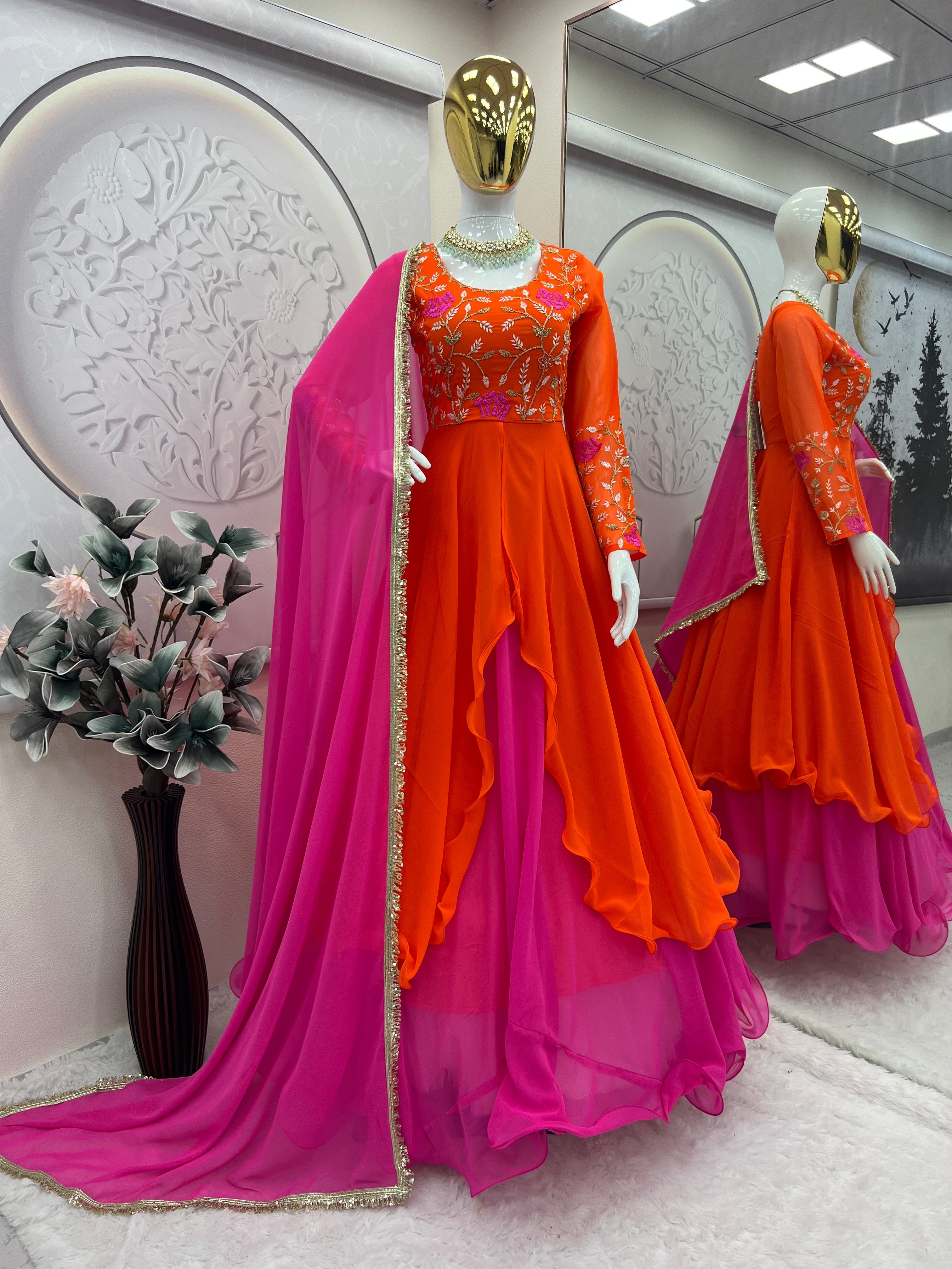 Designer Party Wear Gown With Embroidery Thread & Sequins & Codding Work