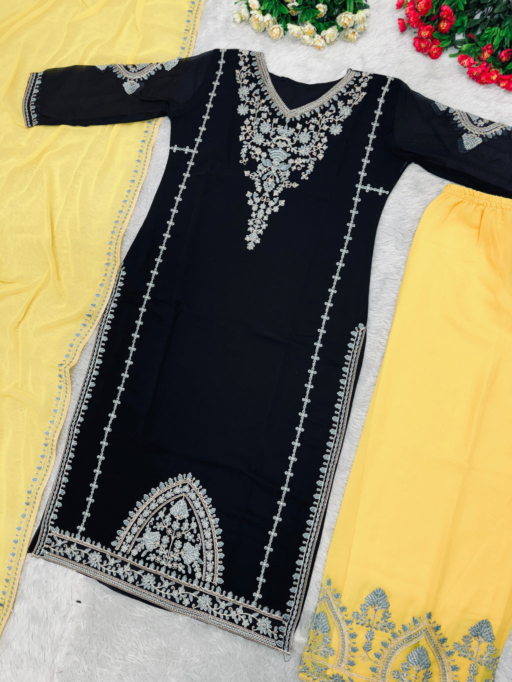 Beautiful Party Wear Top Plazzo And Dupatta With Coding Sequence Work