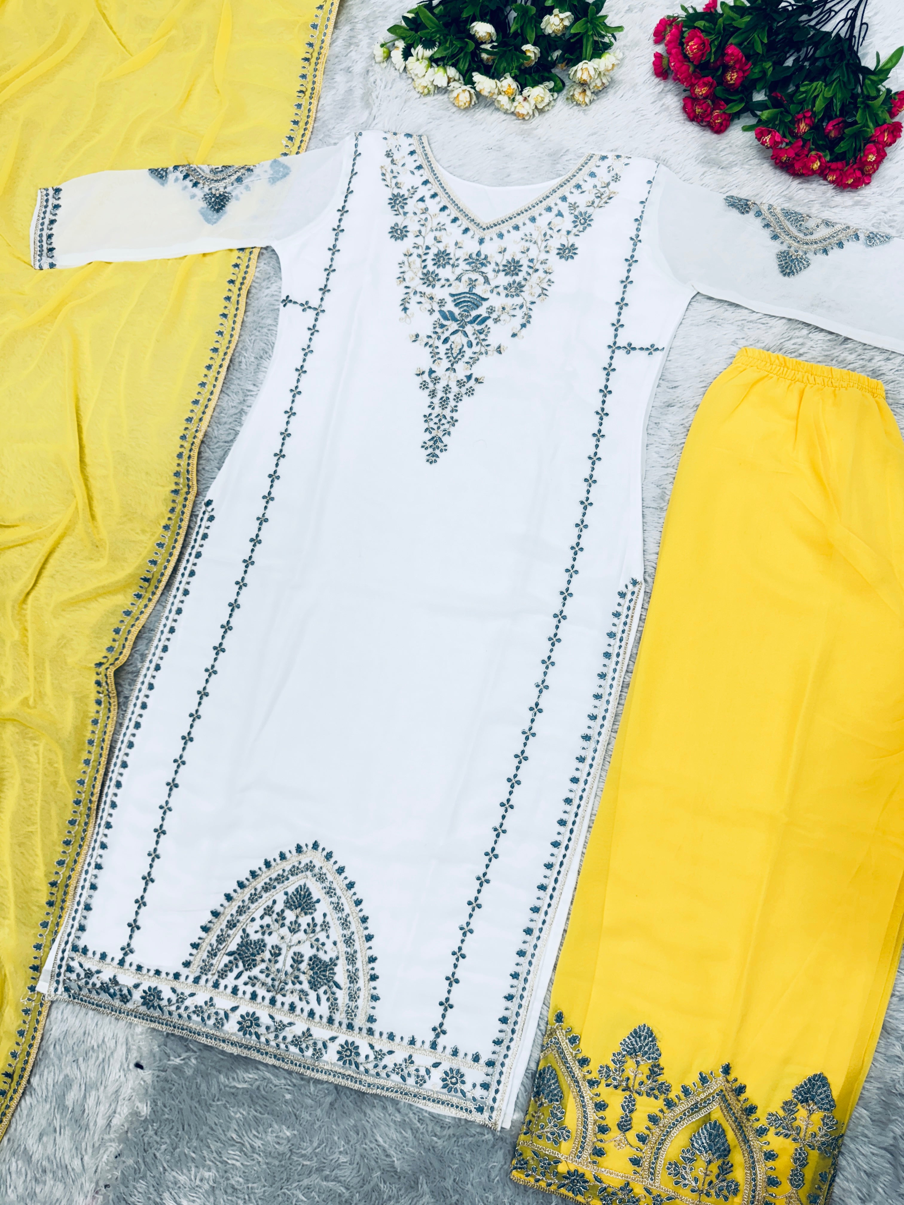 Beautiful Party Wear Top Plazzo And Dupatta With Coding Sequence Work