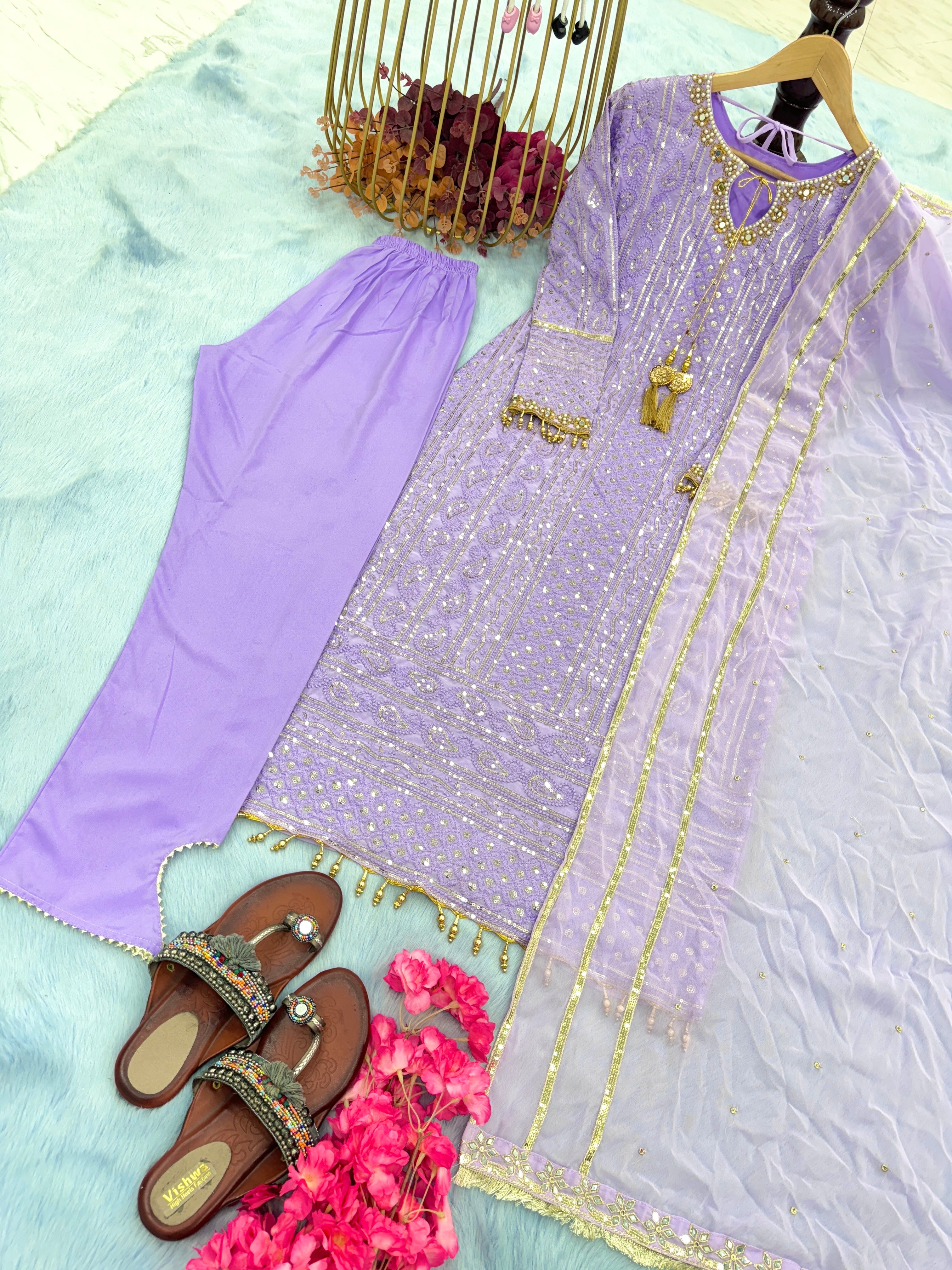 Designer Party Wear Look Heavy Faux Georgette Top Bottom & Dupatta Set