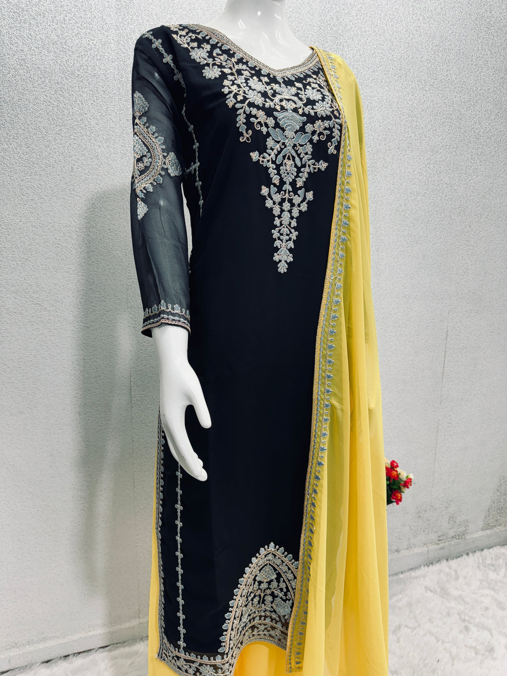 Beautiful Party Wear Top Plazzo And Dupatta With Coding Sequence Work