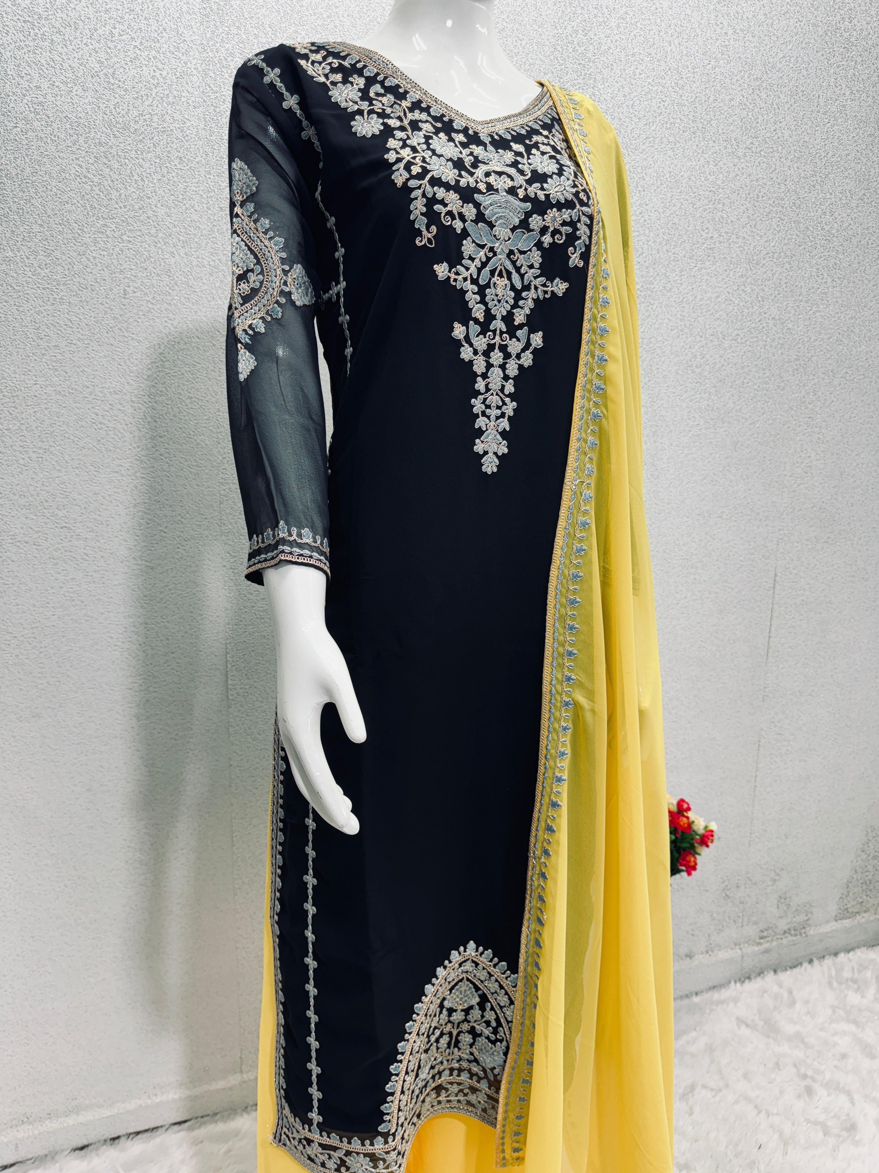Beautiful Party Wear Top Plazzo And Dupatta With Coding Sequence Work