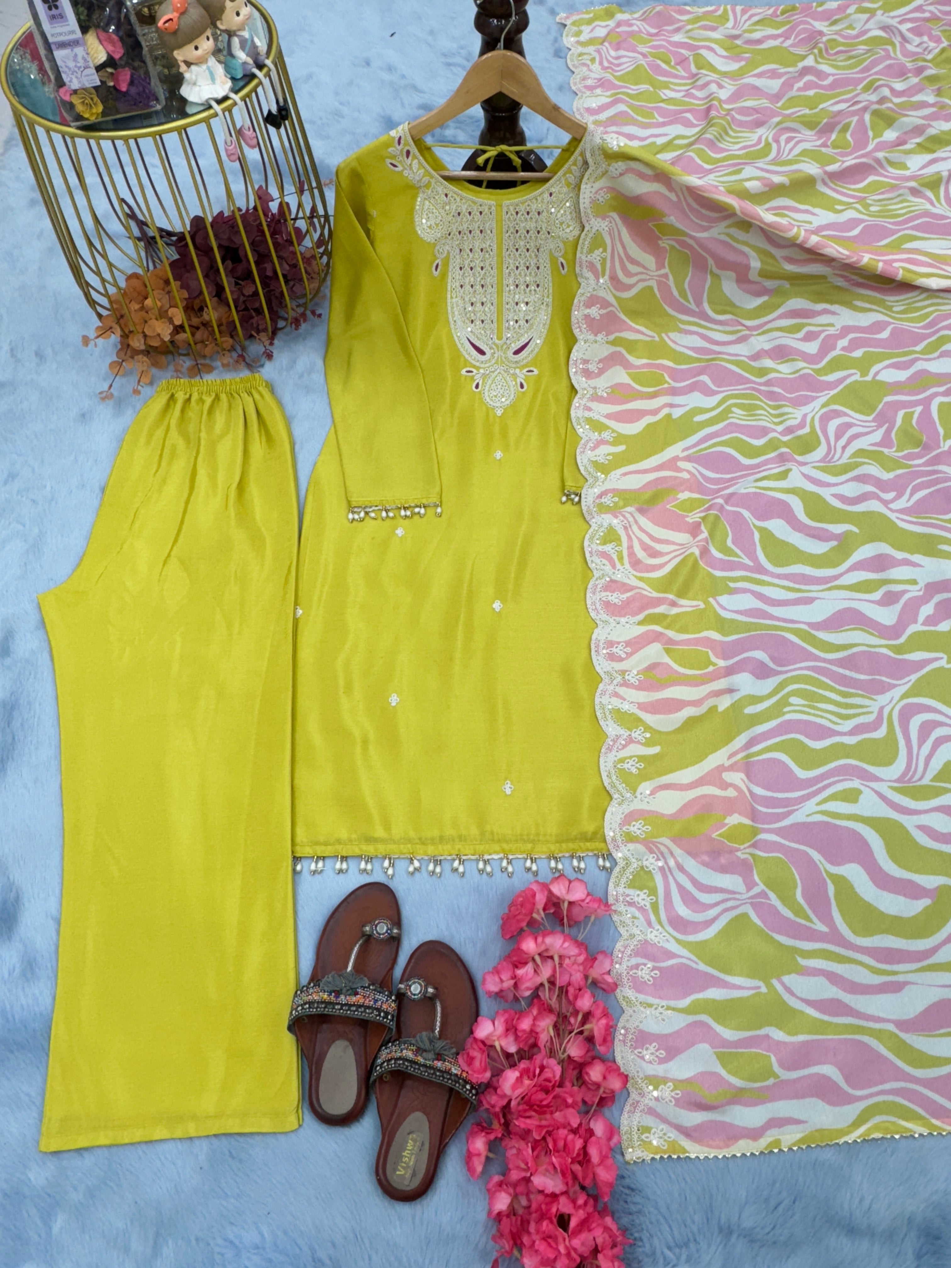 डिज़ाइनर पार्टी वियर टॉप प्लाज़ो और खूबसूरत दुपट्टा सेट