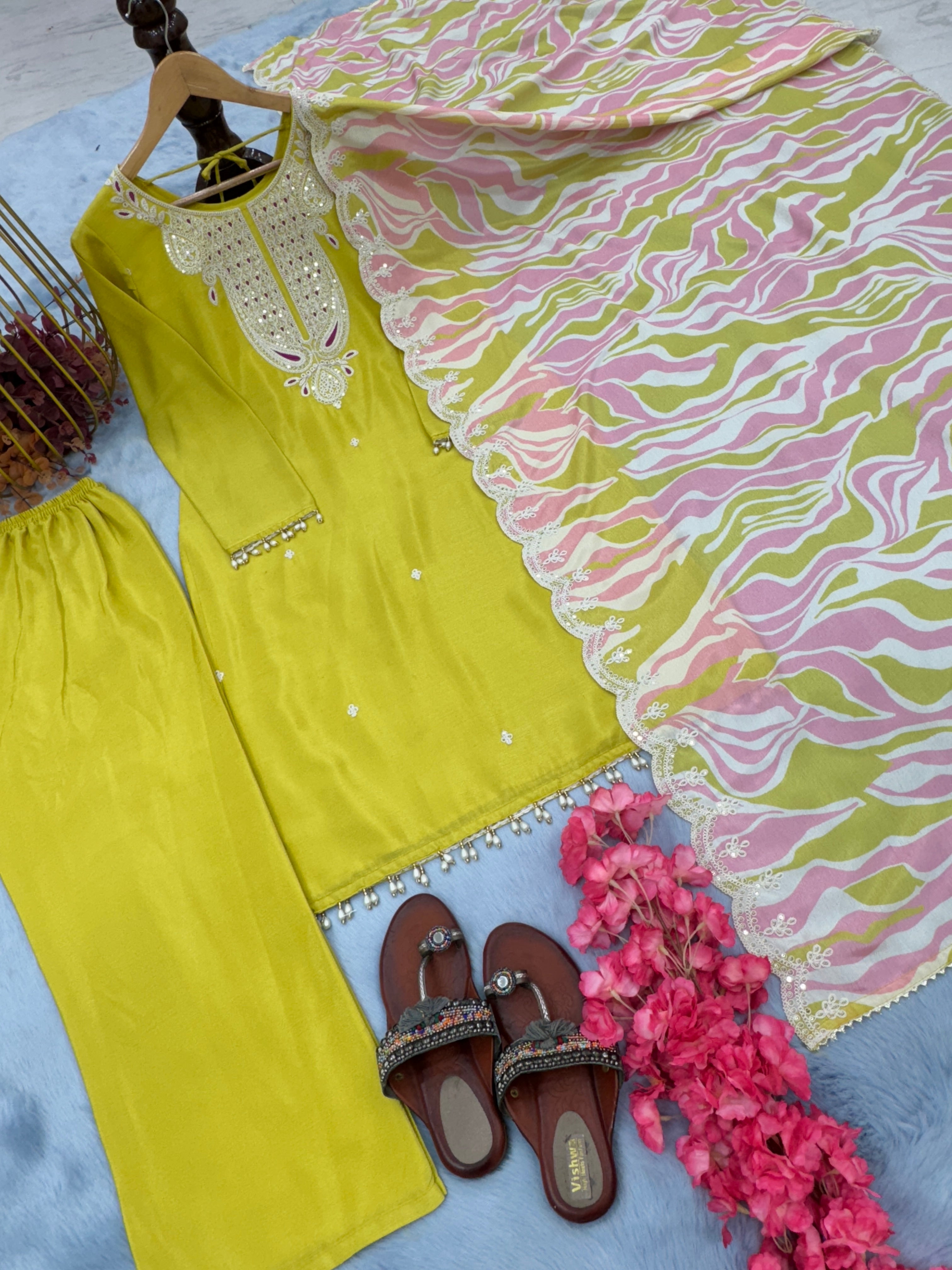 डिज़ाइनर पार्टी वियर टॉप प्लाज़ो और खूबसूरत दुपट्टा सेट