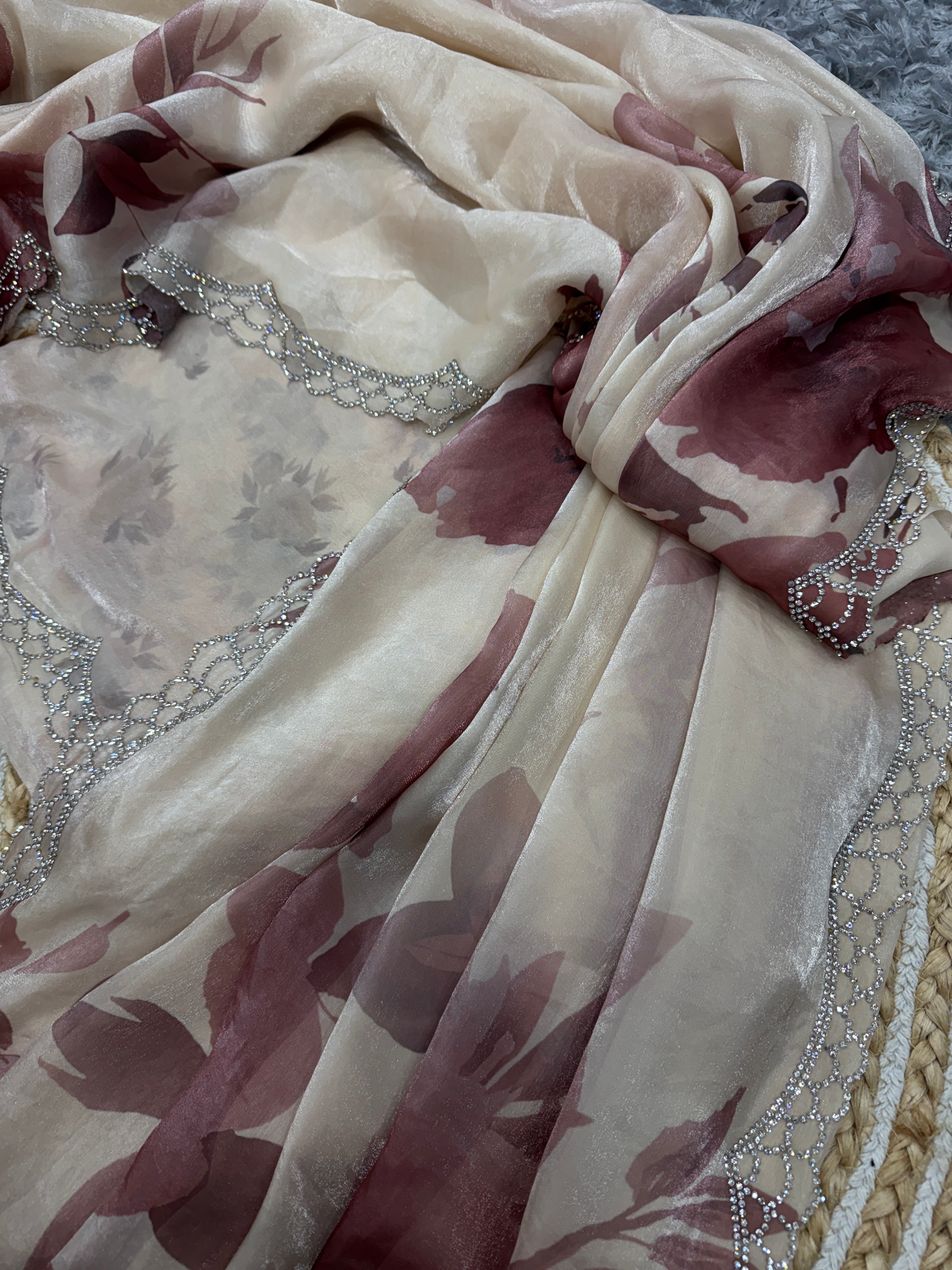 Designer Saree With Beautiful Floral Print And Diamond Work