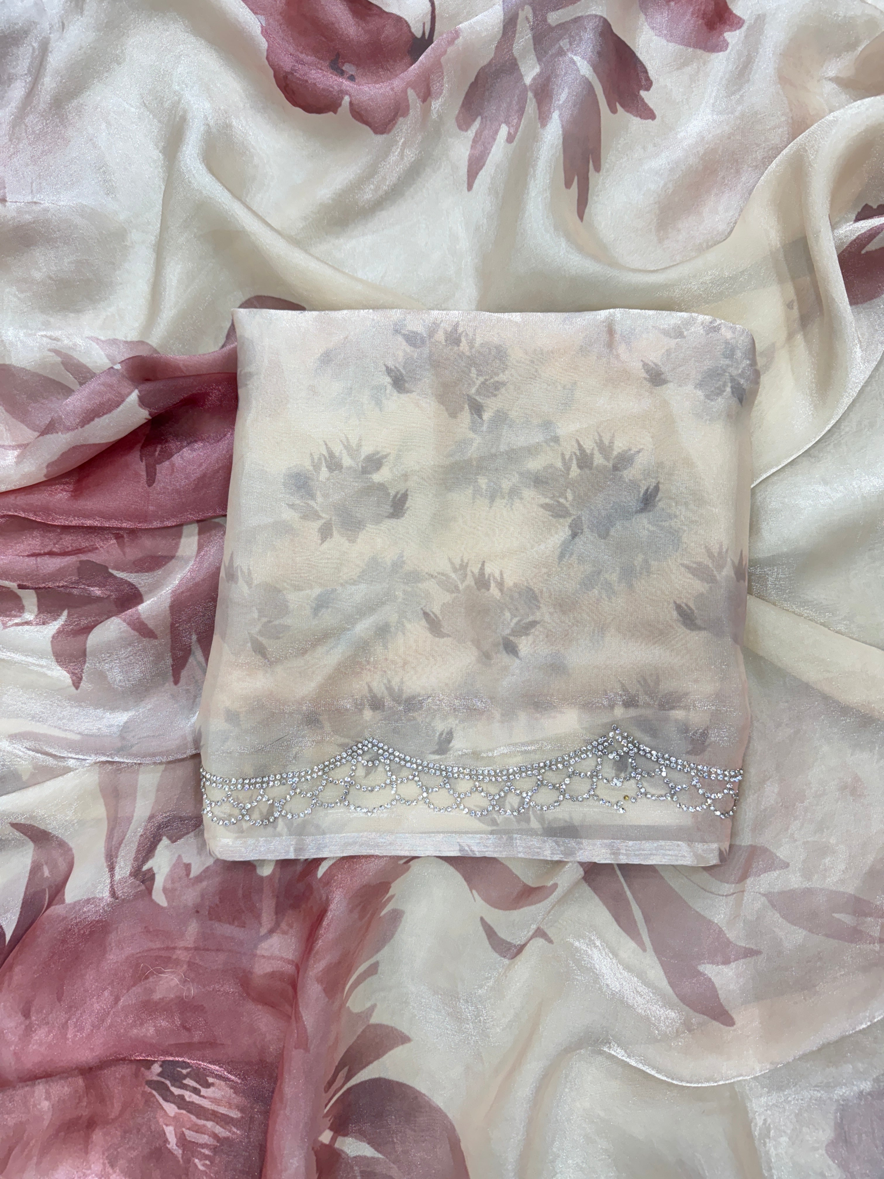 Designer Saree With Beautiful Floral Print And Diamond Work