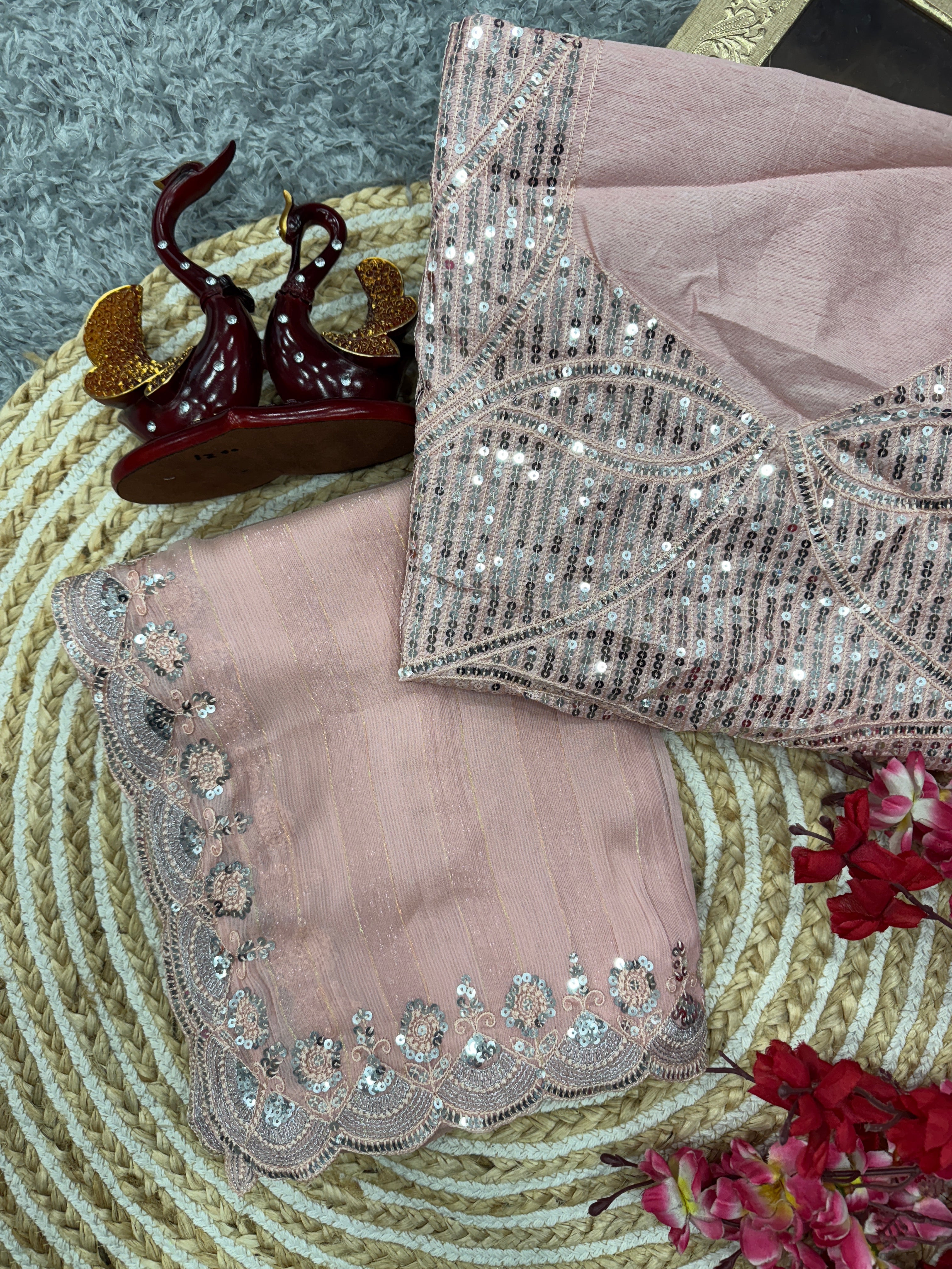 Designer Party Wear Saree Sequence And Embroidery Work