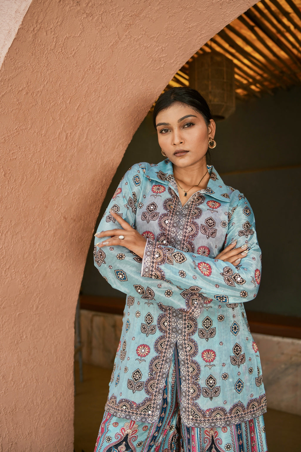 Designer Co-ord Set With Digital Print And Real Mirror Work