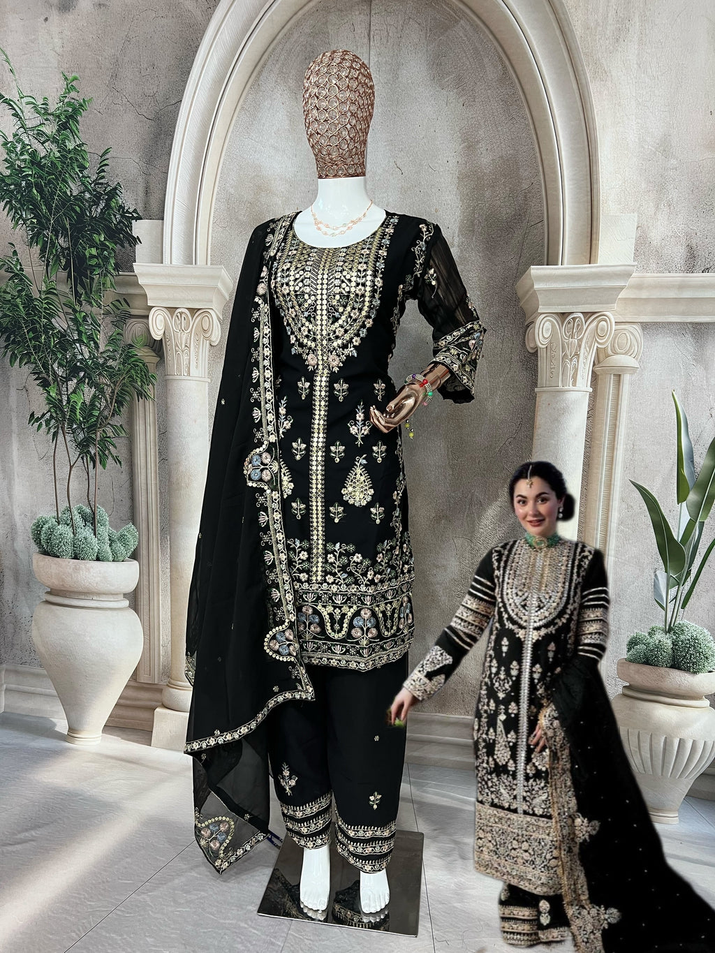 मल्टी नीडल सेक्विन कढ़ाई वर्क के साथ डिज़ाइनर सूट सेट