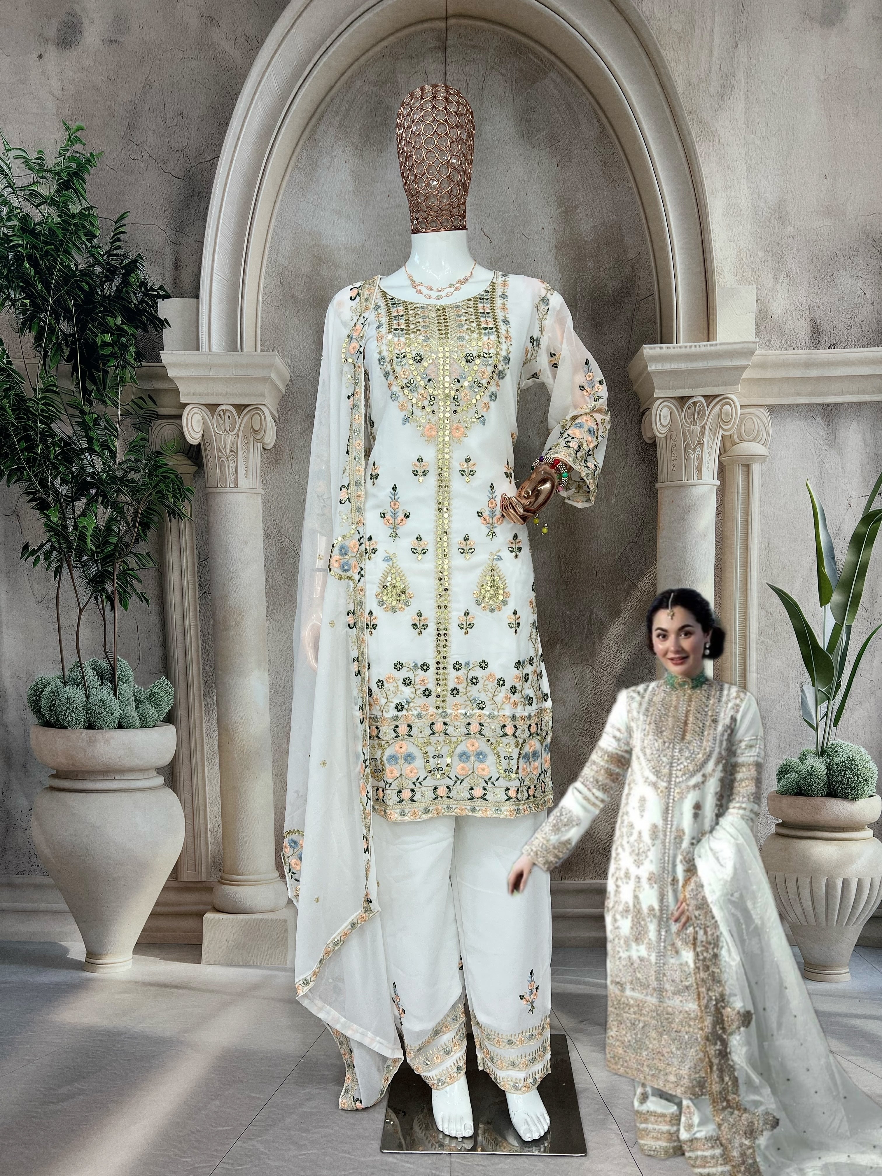 मल्टी नीडल सेक्विन कढ़ाई वर्क के साथ डिज़ाइनर सूट सेट