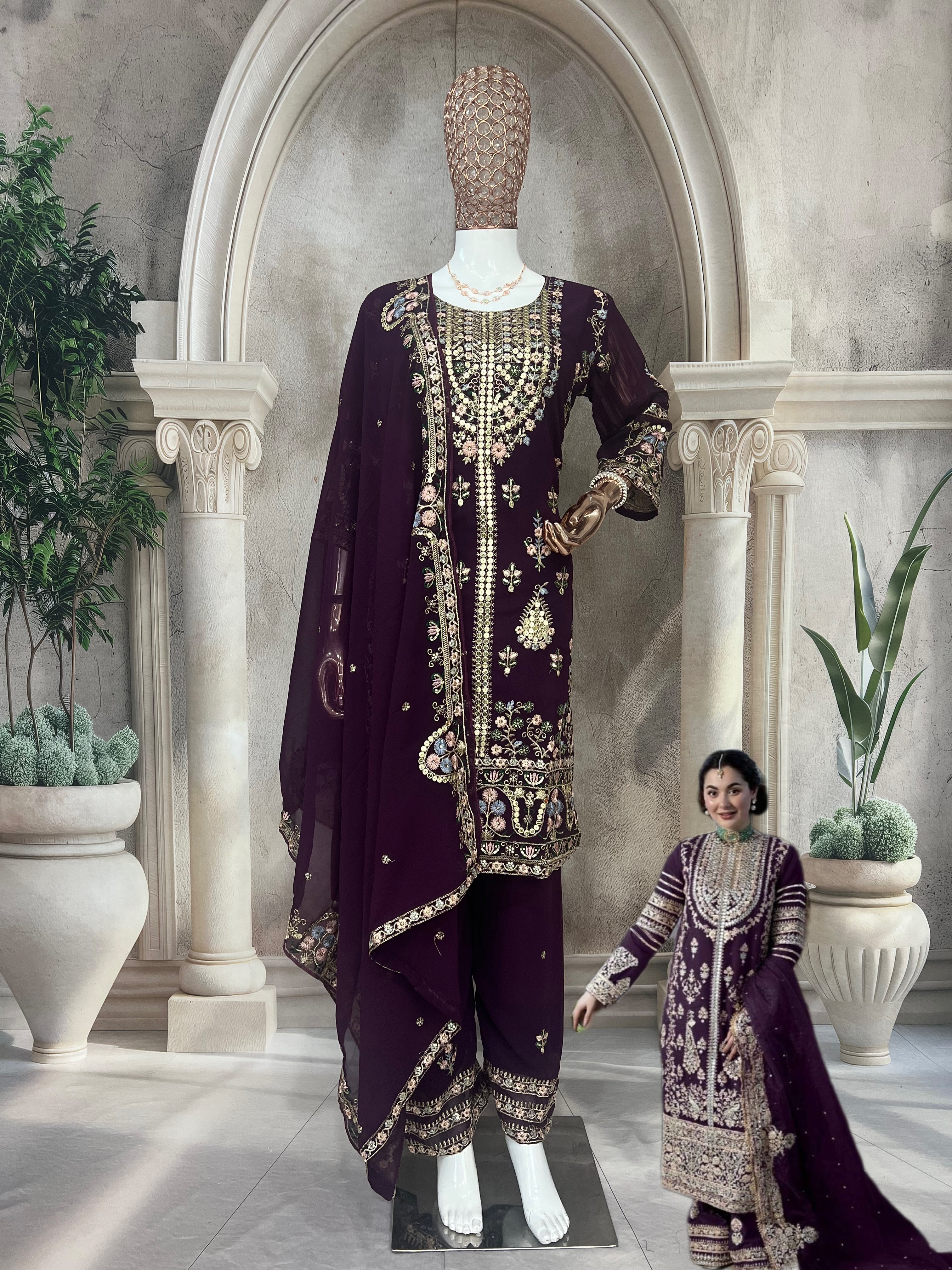 मल्टी नीडल सेक्विन कढ़ाई वर्क के साथ डिज़ाइनर सूट सेट