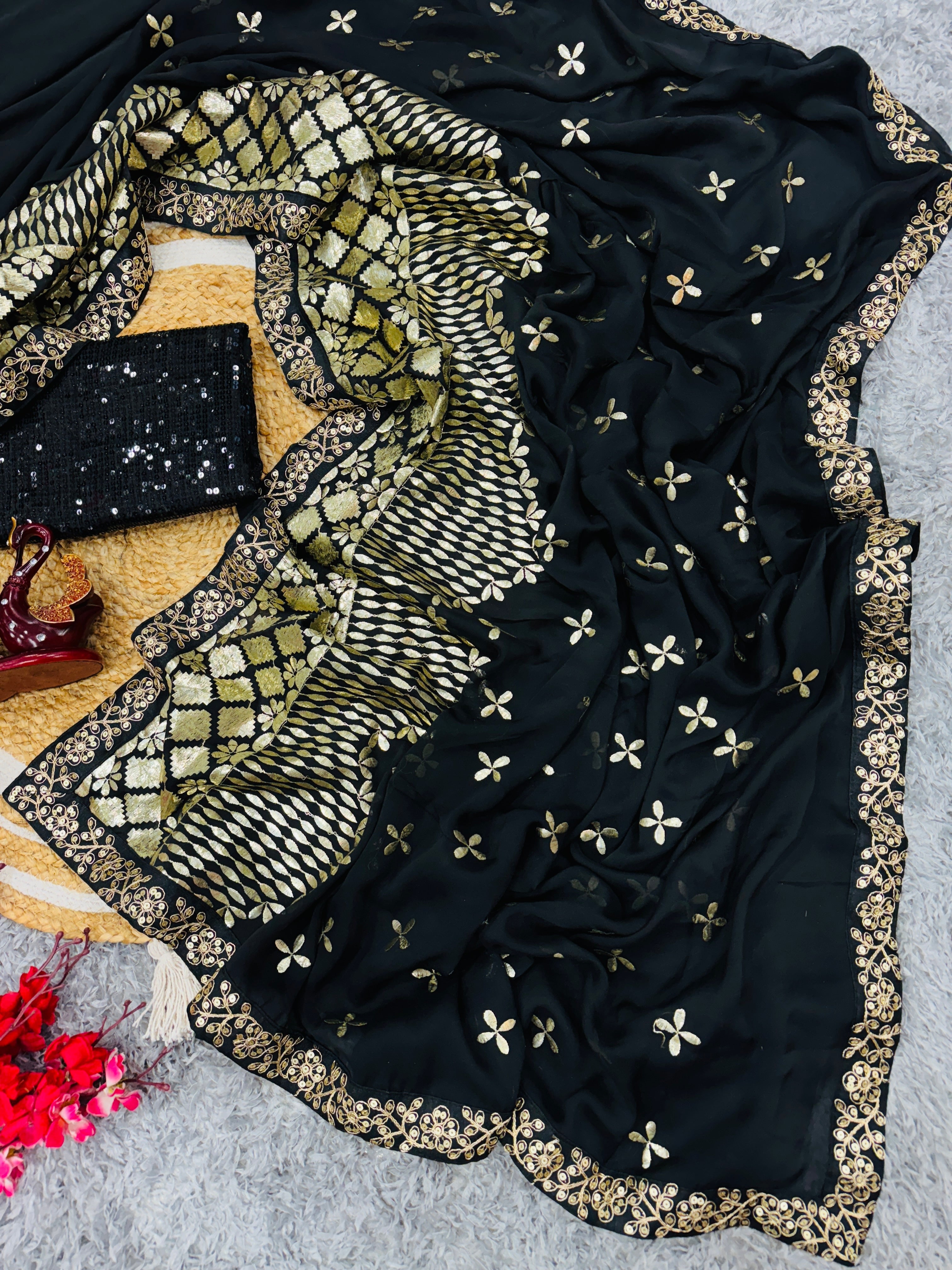 Designer Saree With Beautiful Zari And Foil Embroidery Work