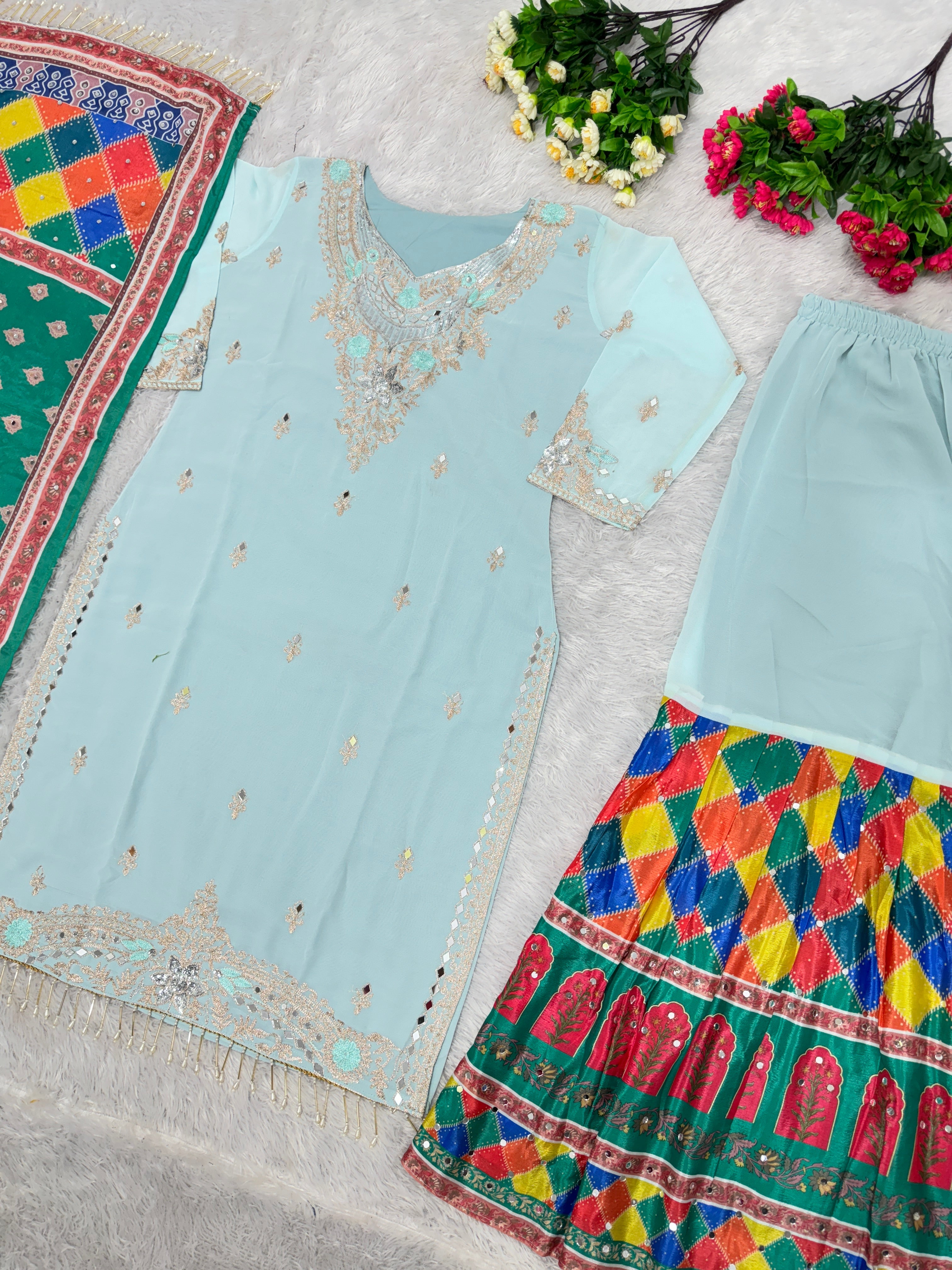 Fancy Party Wear Top Plazzo And Dupatta