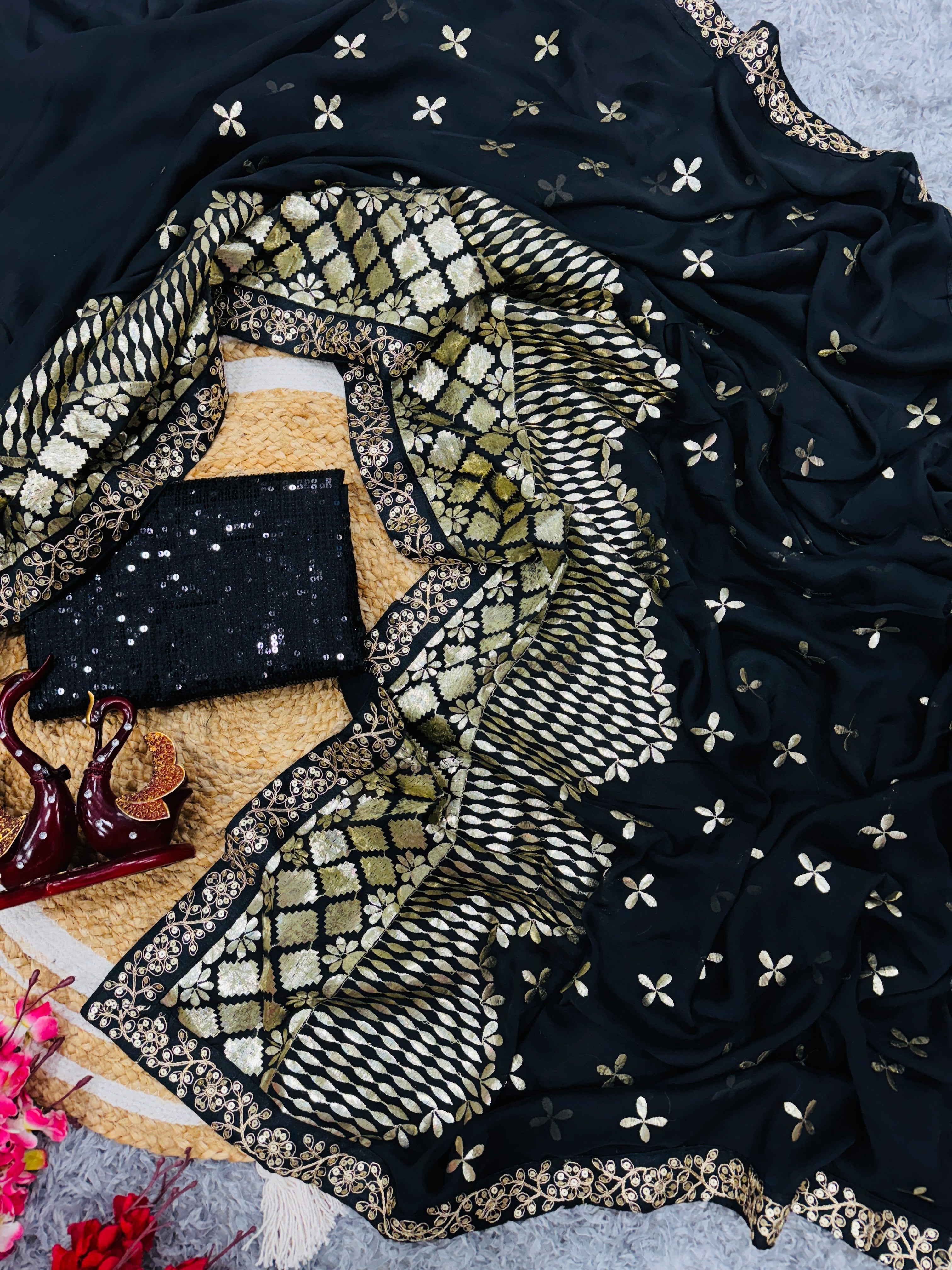 Designer Saree With Beautiful Zari And Foil Embroidery Work