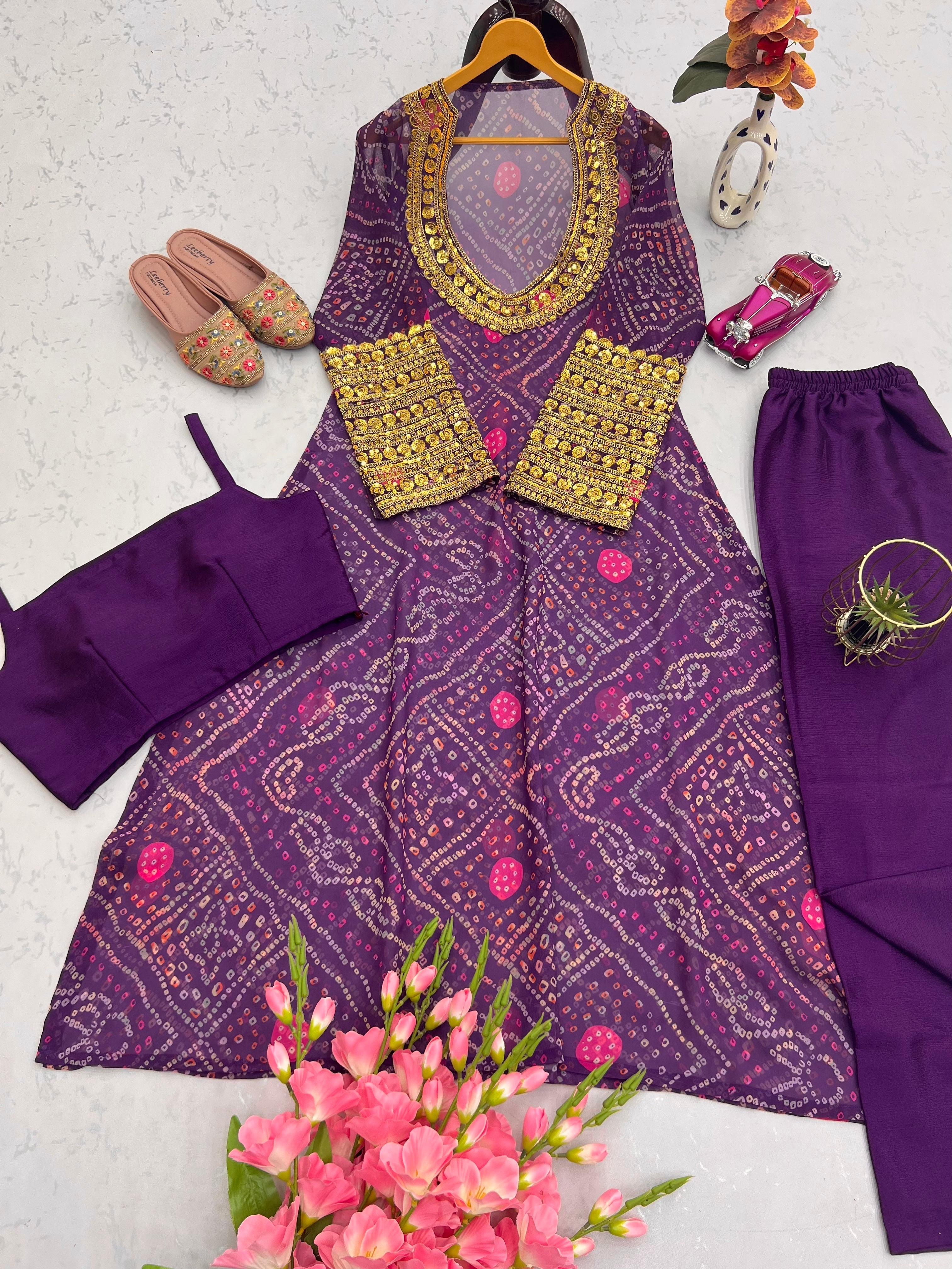 डिजिटल प्रिंट के साथ डिज़ाइनर पार्टी वियर लुक सूट सेट