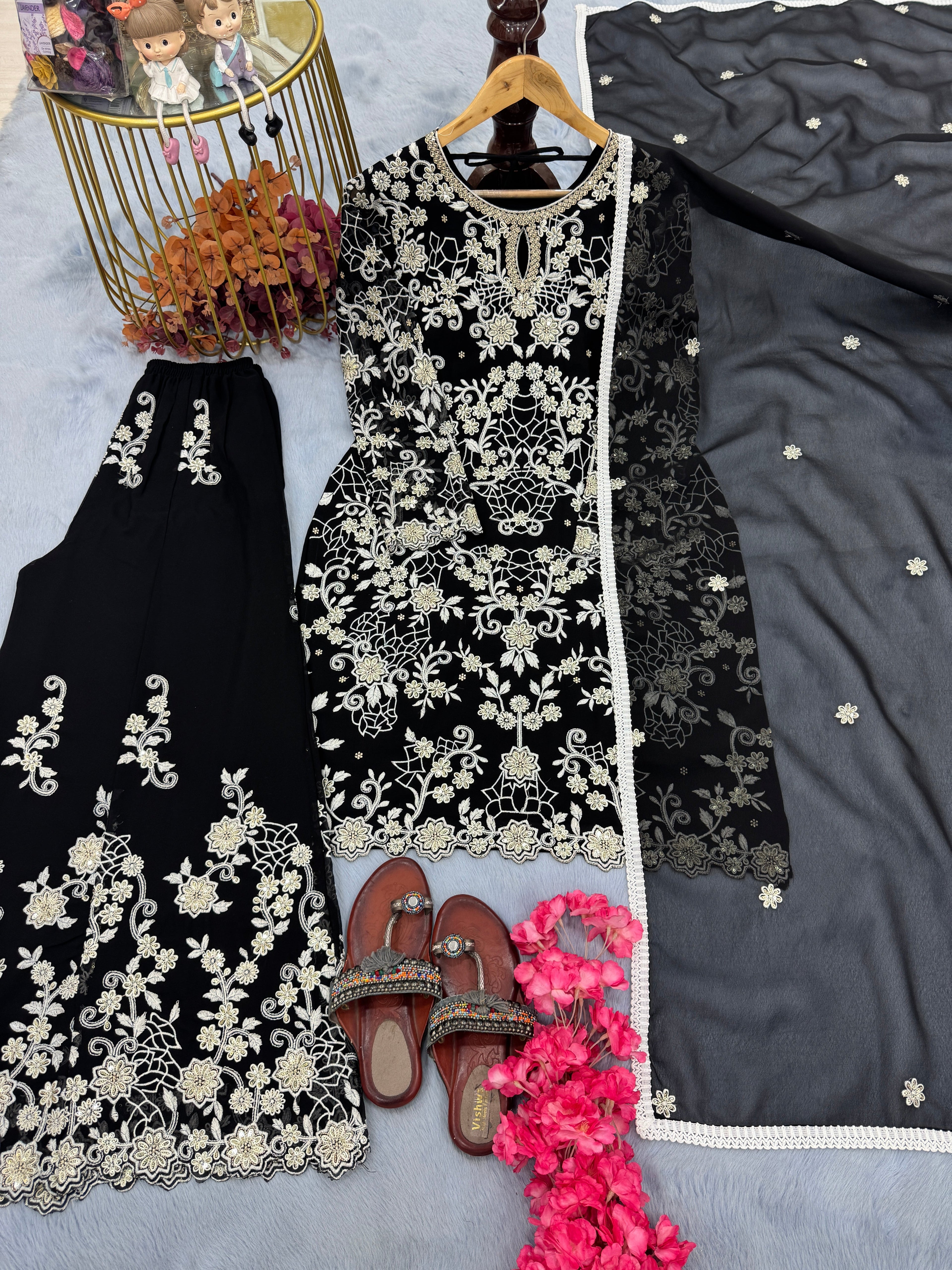 Party Wear Look Pure Heavy Faux Georgette Top Plazzo & Dupatta Set