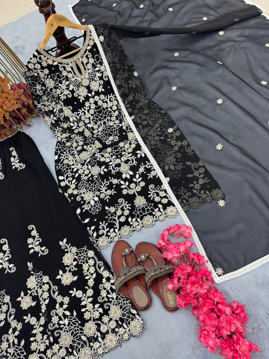 Party Wear Look Pure Heavy Faux Georgette Top Plazzo & Dupatta Set
