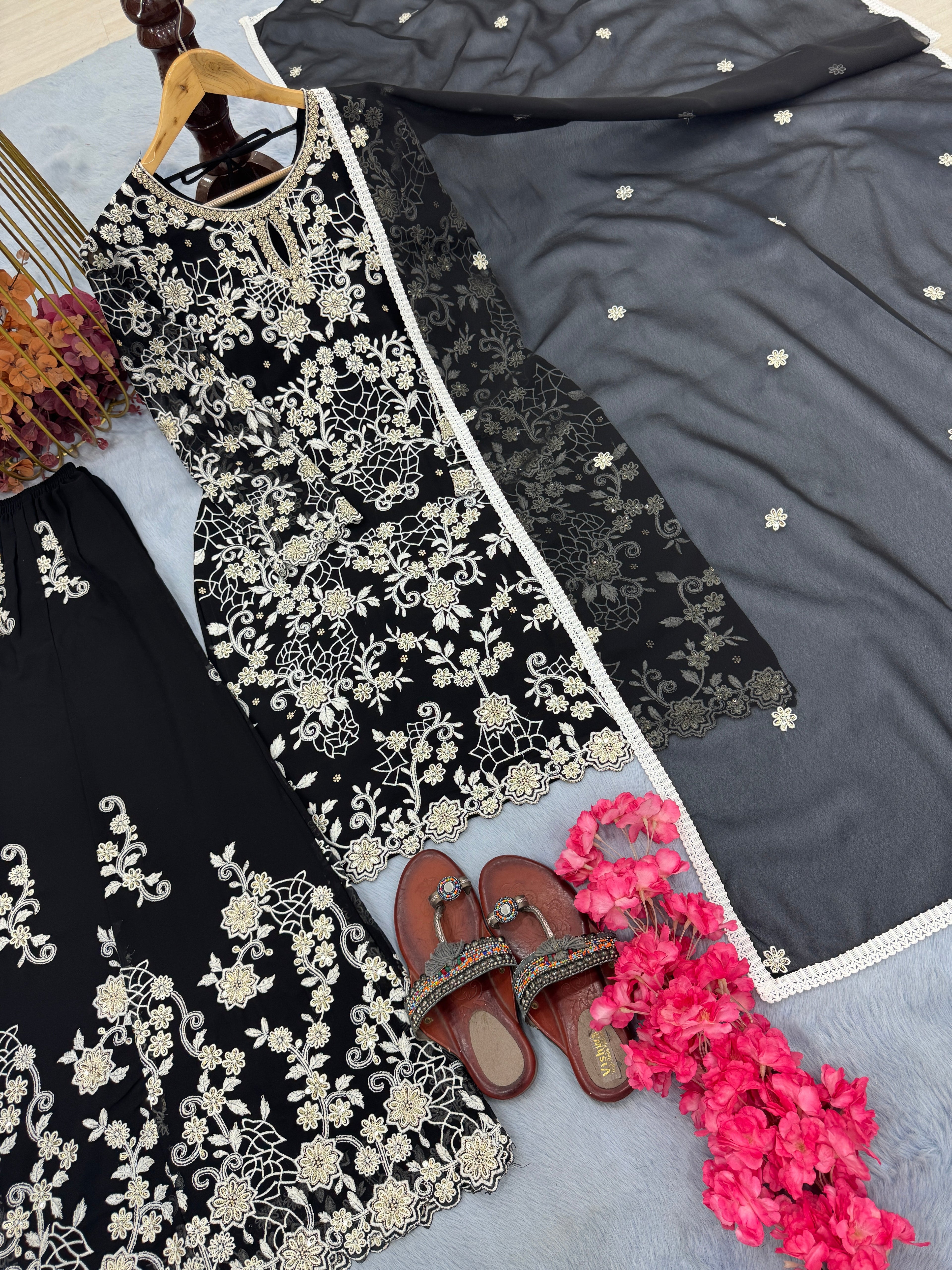Party Wear Look Pure Heavy Faux Georgette Top Plazzo & Dupatta Set
