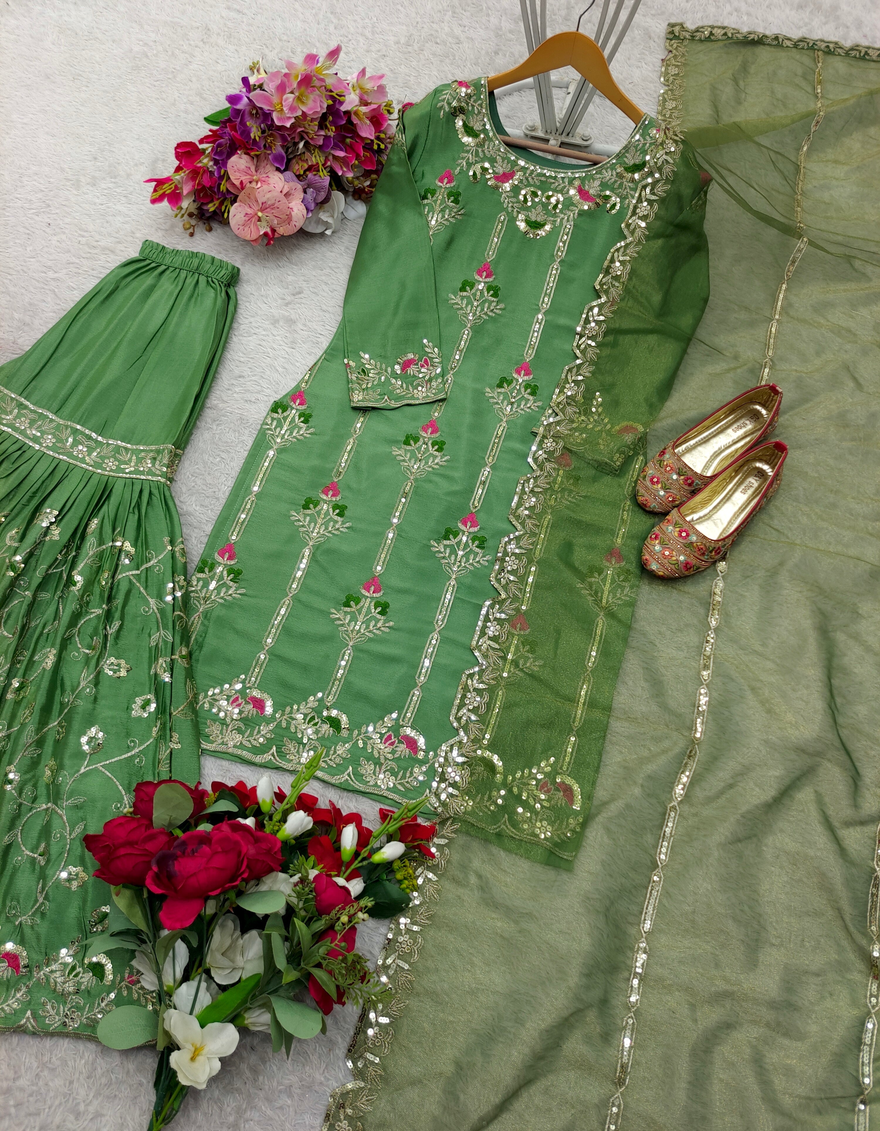 डिज़ाइनर पार्टी वियर टॉप-सररा और दुपट्टा कढ़ाई सीक्वेंस वर्क
