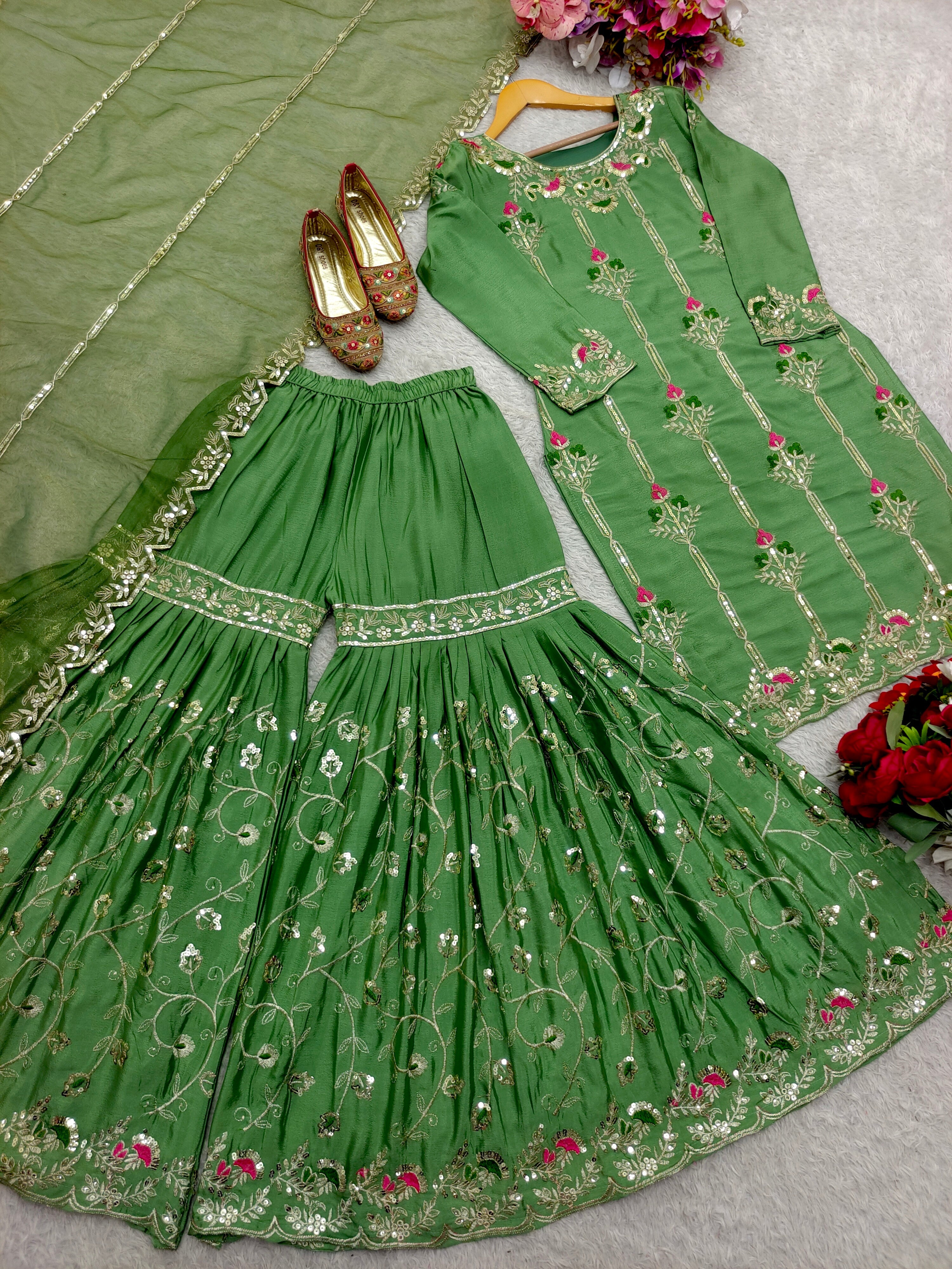 डिज़ाइनर पार्टी वियर टॉप-सररा और दुपट्टा कढ़ाई सीक्वेंस वर्क