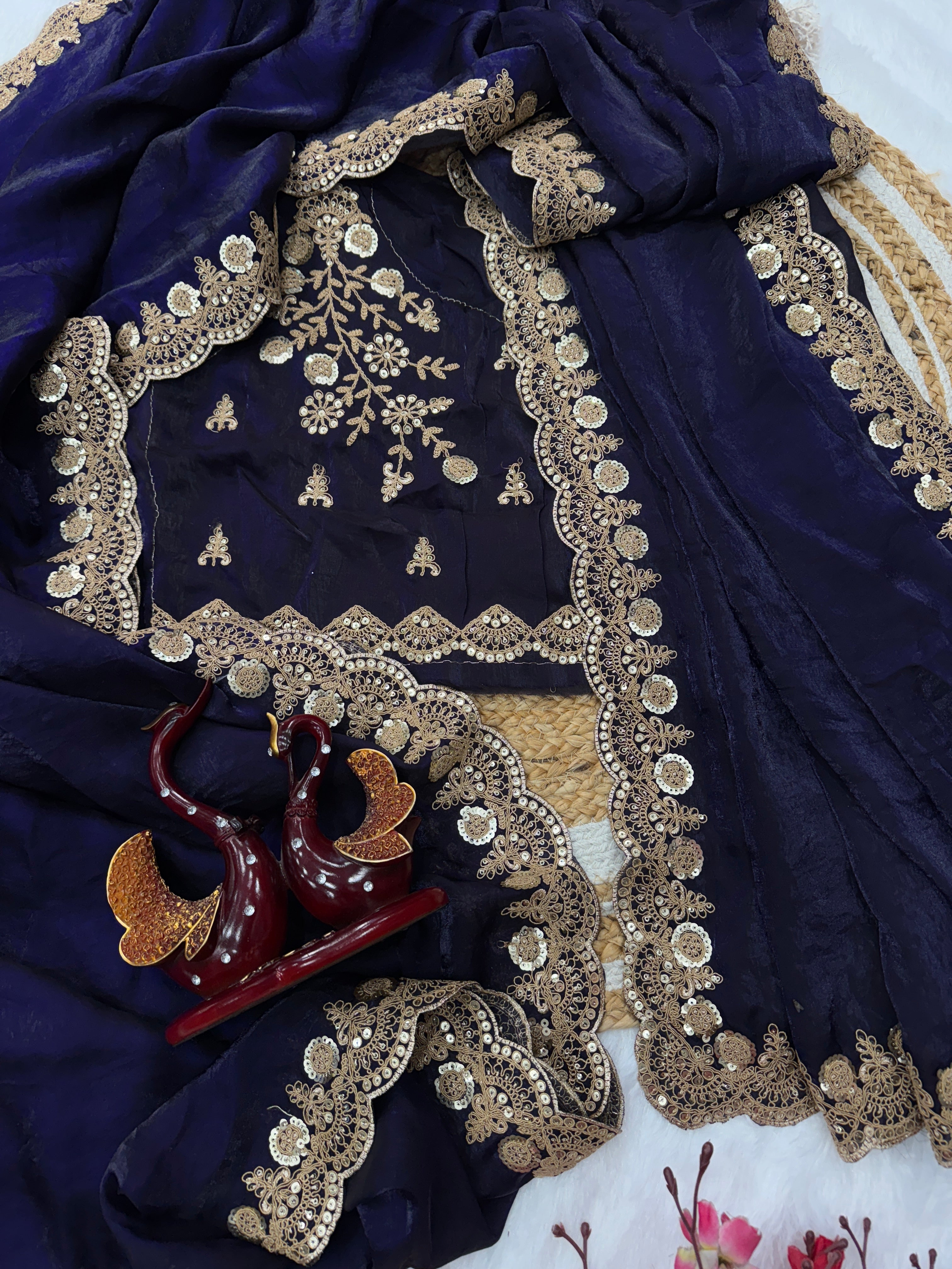 Designer Party Wear Look Saree With sequins & Cording Embroidery Work