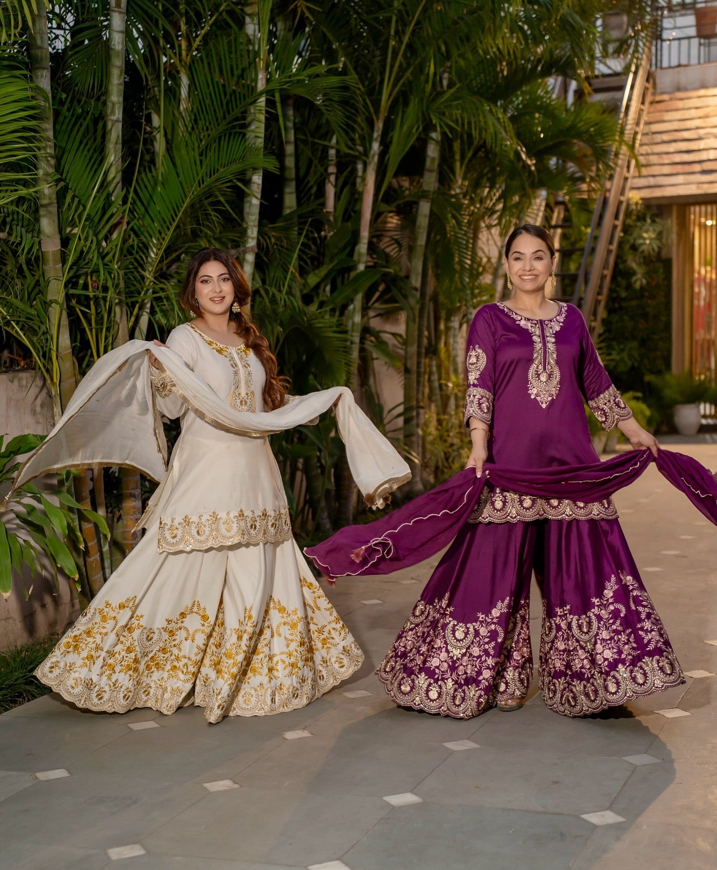 डिज़ाइनर पार्टी वियर लुक टॉप- शरारा और दुपट्टा कढ़ाई वर्क के साथ