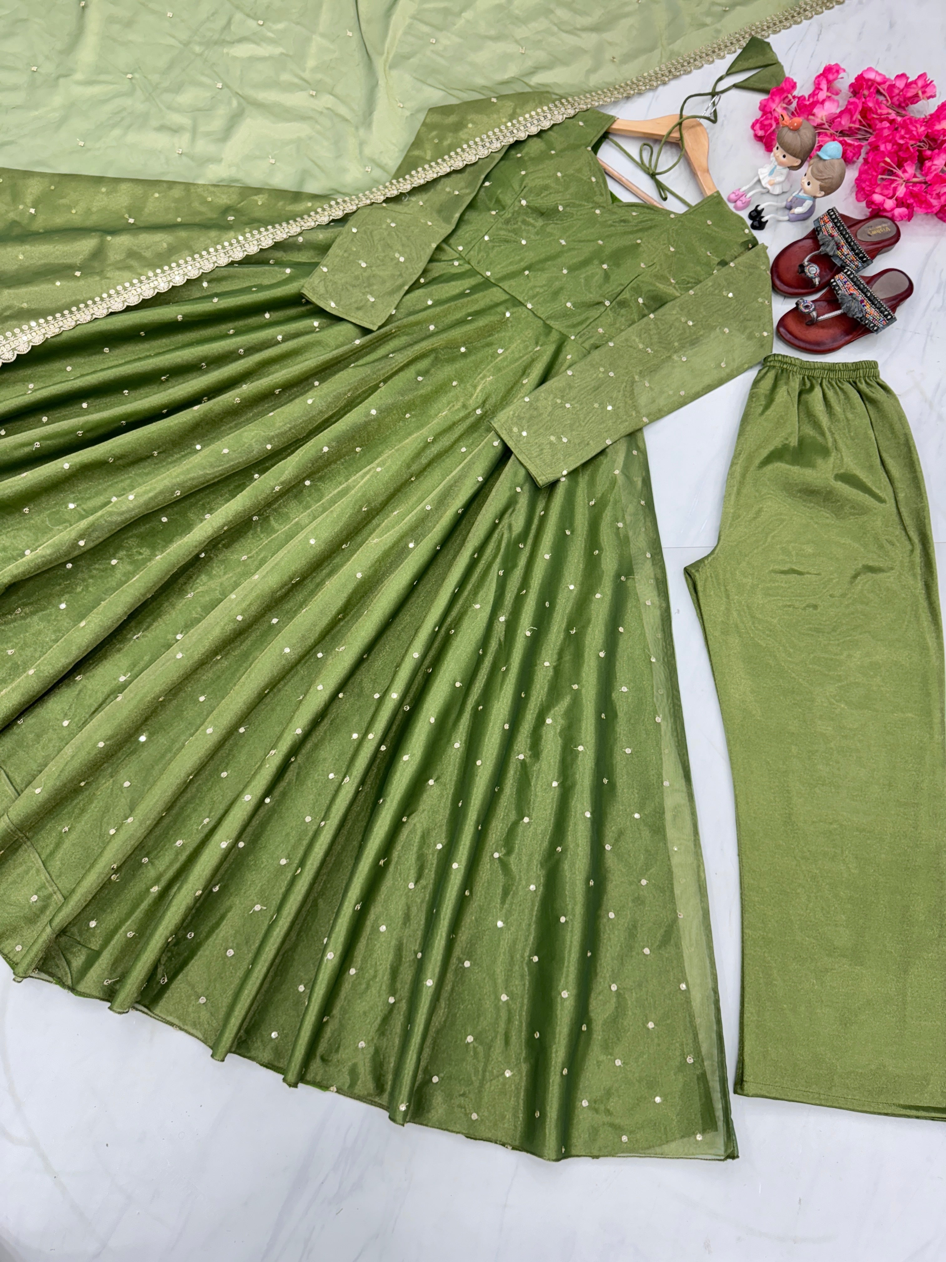 Party Wear Look Anarkali Gown, Dupatta & Plazzo Set