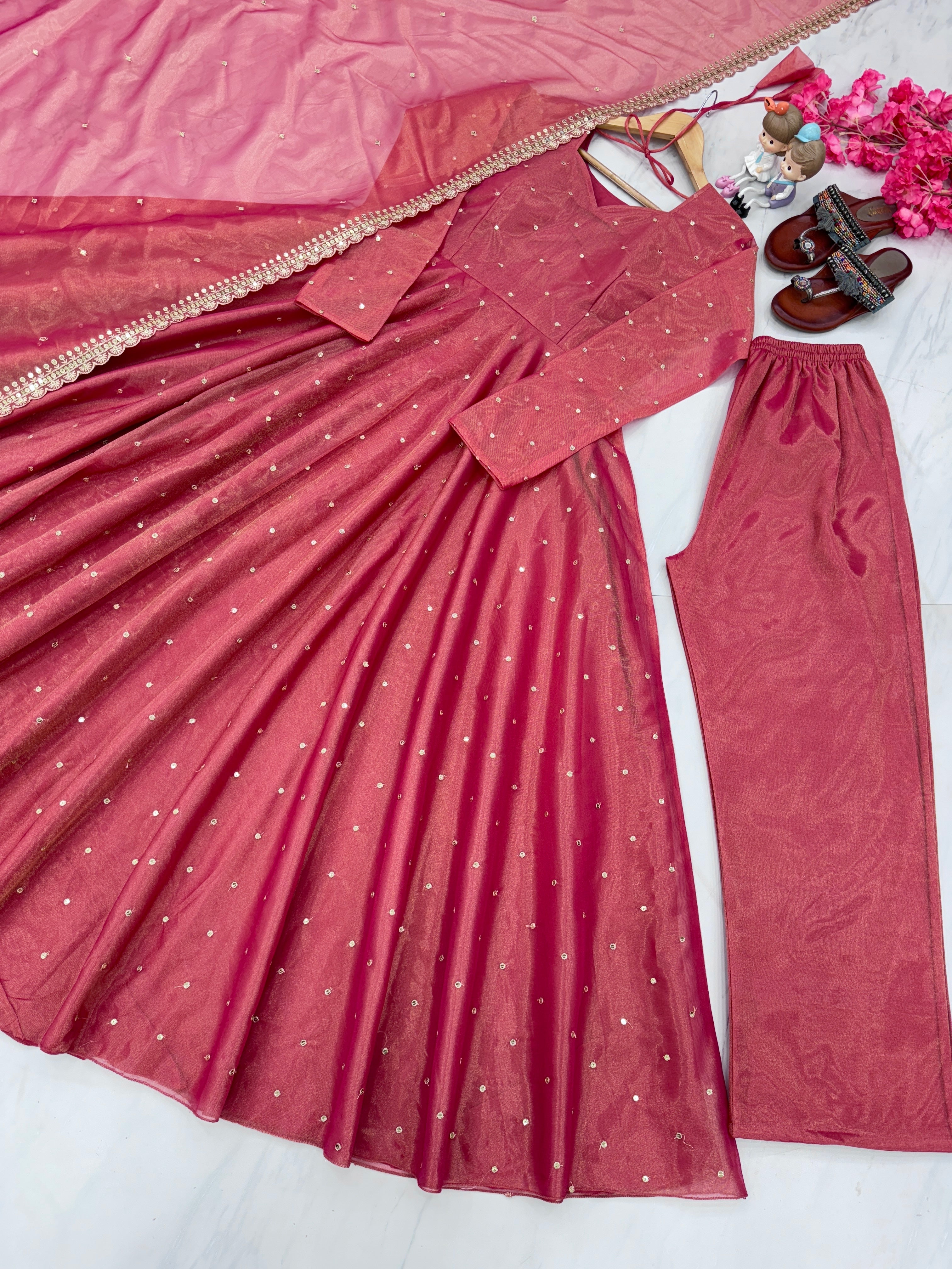 Party Wear Look Anarkali Gown, Dupatta & Plazzo Set