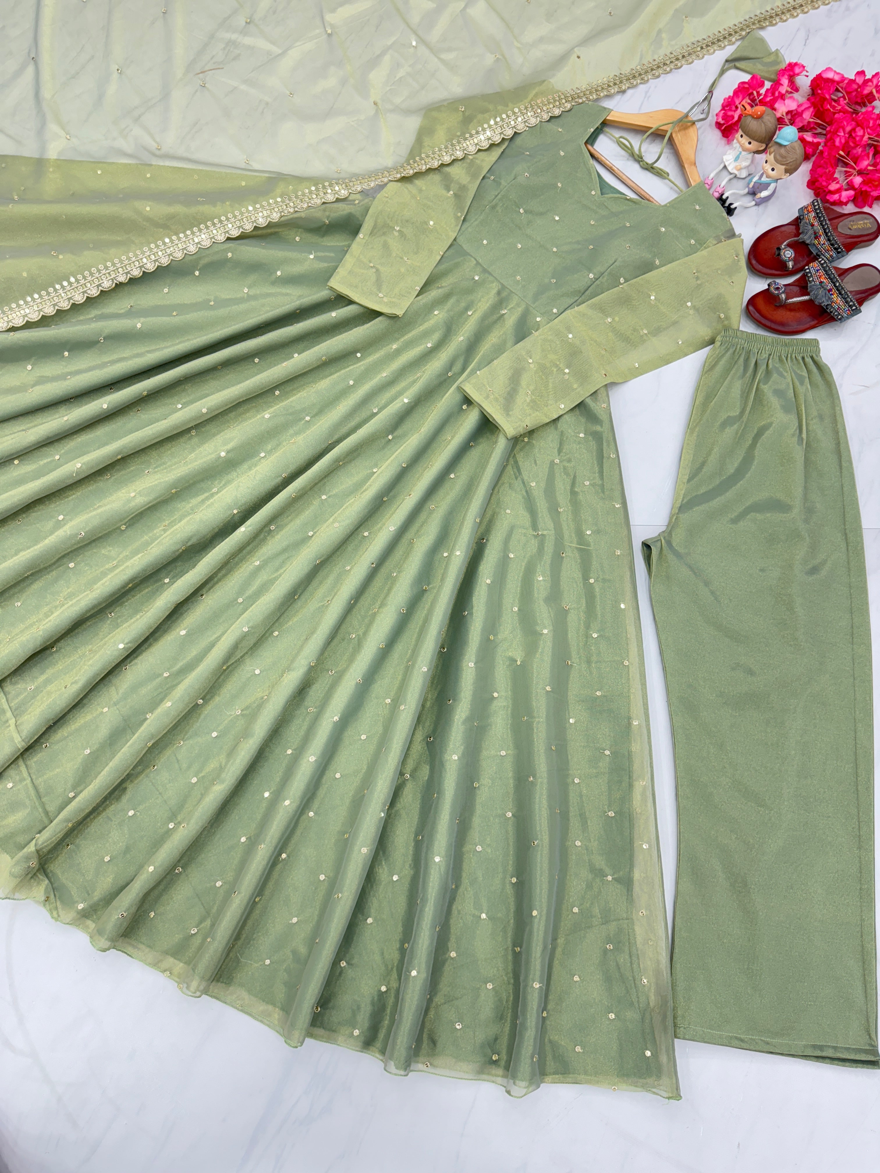 Party Wear Look Beautiful Anarkali Gown, Dupatta & Plazzo