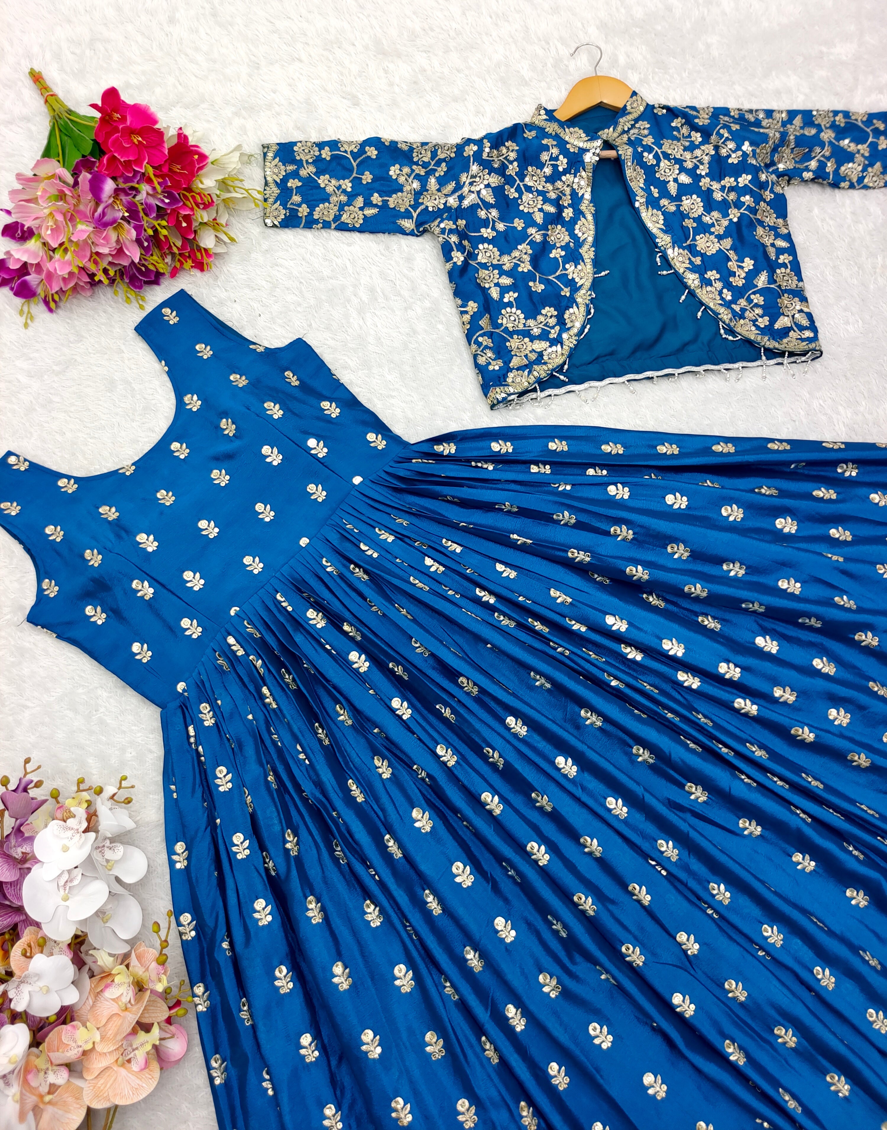 Designer Party Wear Gown-Jacket Set With Embroidery Work